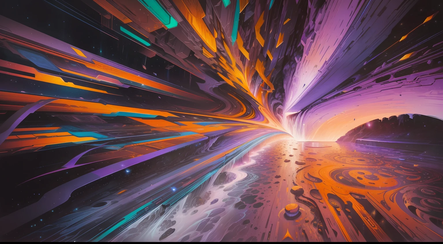 art by John T. Biggers , (art by Abraham Rattner:1.2), Abstract, Long exposure of a Chic "The Waterfall of Chaos", at Nighttime, Happy, broad lighting, Depth of field 270mm, Vivid Colors, White dust particles, trending on artstation