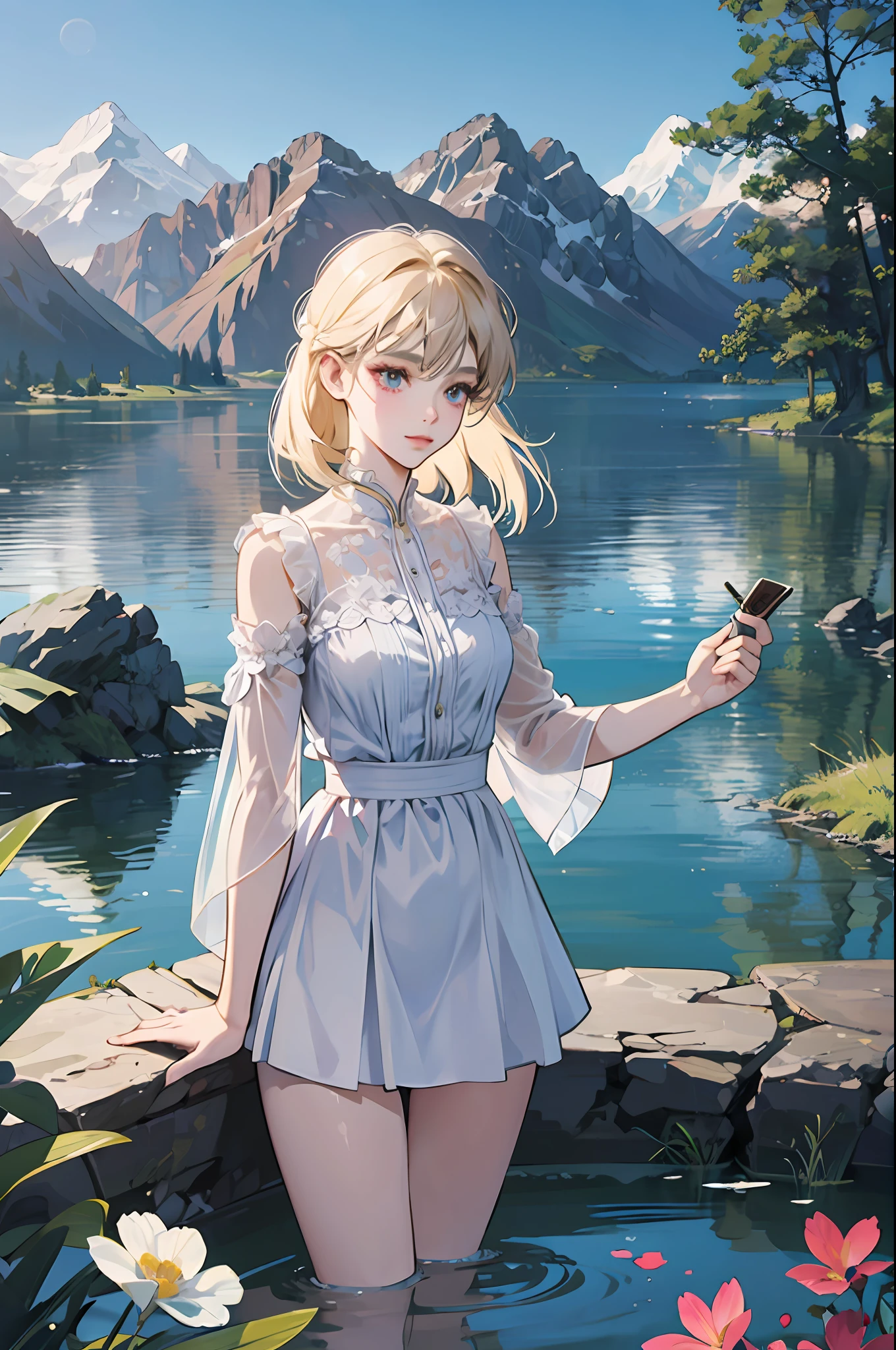 A woman dressed in a white swimsuit, Standing on a lake surrounded by trees and flowers, arte conceitual relaxante, por Li Song, por Yang J, a beautiful artwork illustration, serene illustration, natureza anime, anime exuberante john 8k madeiras, por Goro Fujita, Directed by: Atey Ghailan, natureza anime wallpap, arte de fundo, Atey Ghailan 8 K, Arte Lofi --auto