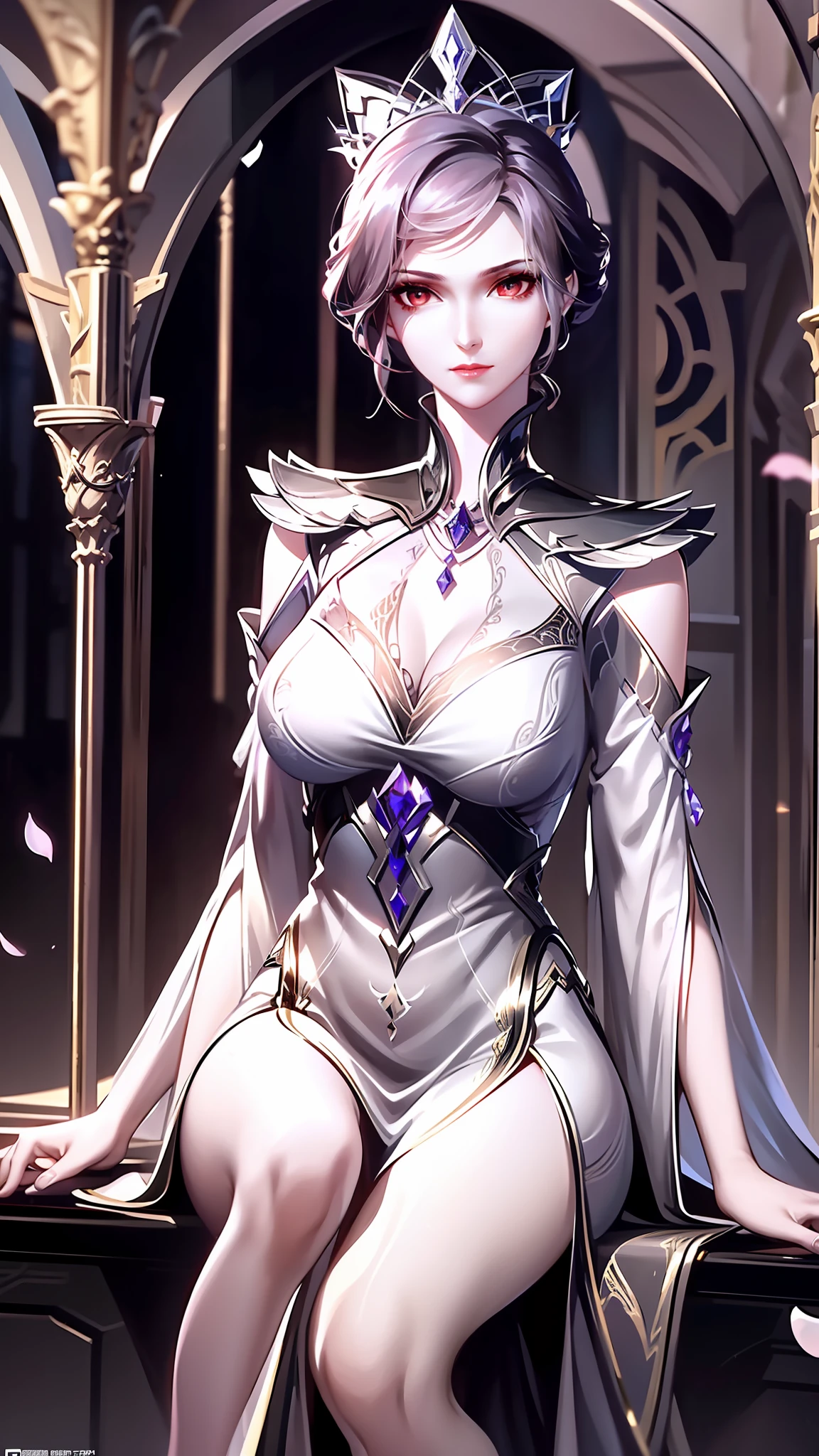An elegant woman with straight black hair wears a gorgeous long dress with light and elegant movements. (Girl), Lace, Ribbon, Hanfu, (Masterpiece, Side Light, Delicate and Pretty), Masterpiece, Realistic, Glowing Eyes, Sparkling Hair, Shiny Skin, Celime, Bare Shoulder, Delicate, Beautiful, Garden, Flowers, Fluttering Petals, Sideways, Conservatism