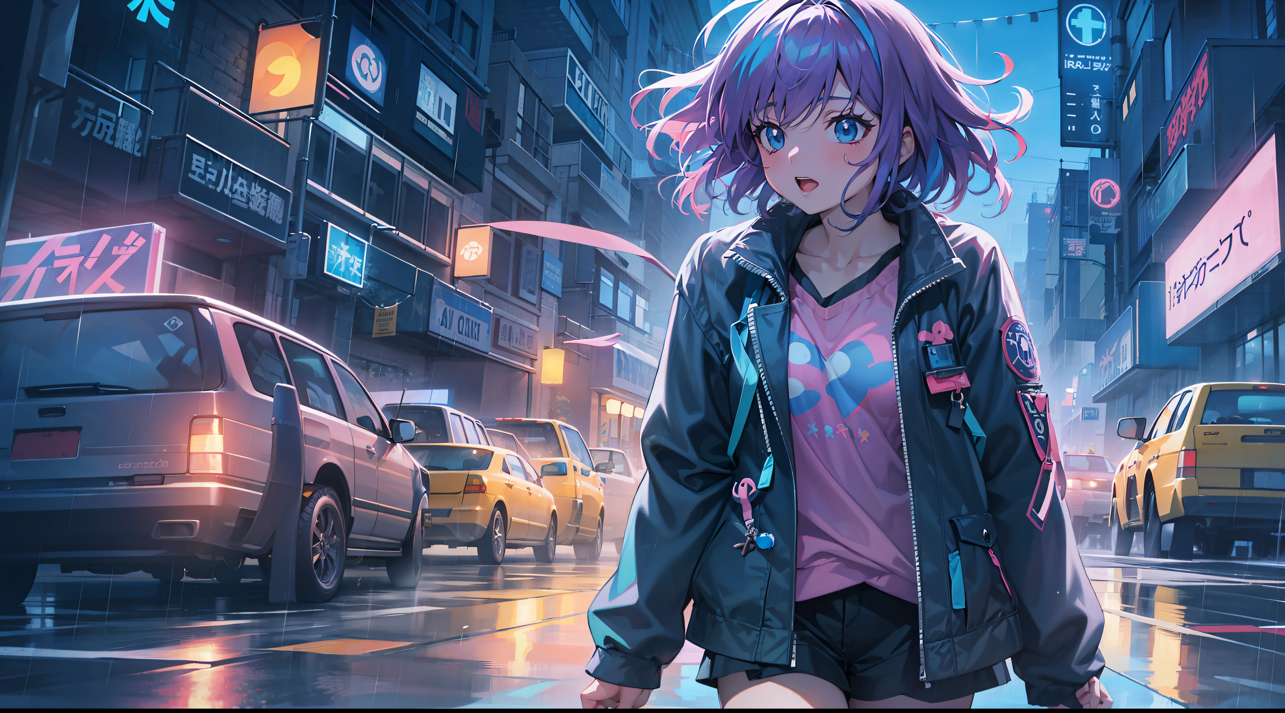 Anime girl walking down street in rain at night,, in the art style of 8 0 s anime, the anime girl is running, ' ramona flowers ', cosmic girl, style of anime4 K, 8 0 s anime art style, Praise Artstyle, official fanart, Anime style illustration