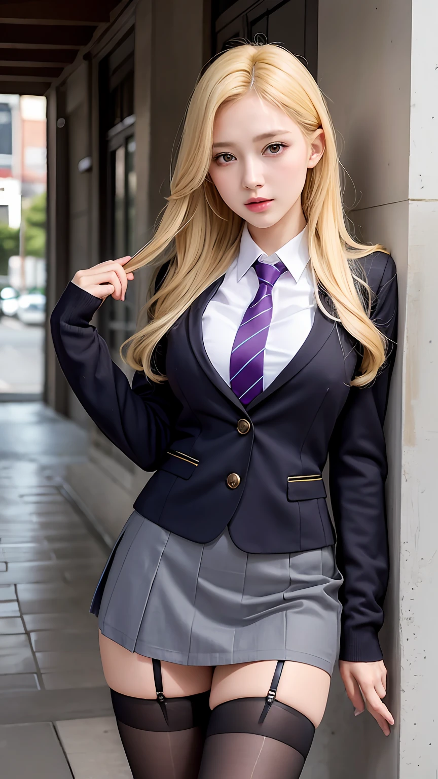 (best qualtiy,4K,tmasterpiece:1.2),Pretty women,1girll,Raised sexy:1.1,Yellow hair:1.1,Woman in school uniform,Soaked white school uniform,Super detailed face,Detailed lips,A detailed eye,二重まぶた,Purple miniskirt black stockings,Stand up,full bodyesbian