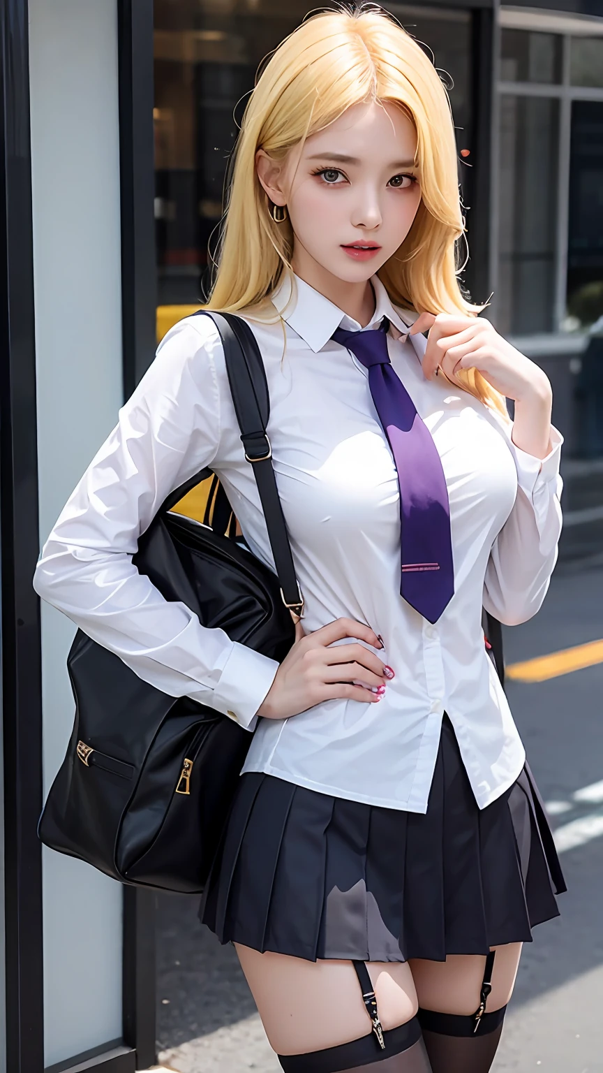 (best qualtiy,4K,tmasterpiece:1.2),Pretty women,1girll,Raised sexy:1.1,Yellow hair:1.1,Woman in school uniform,Soaked white school uniform,Super detailed face,Detailed lips,A detailed eye,二重まぶた,Purple miniskirt black stockings,Stand up,full bodyesbian