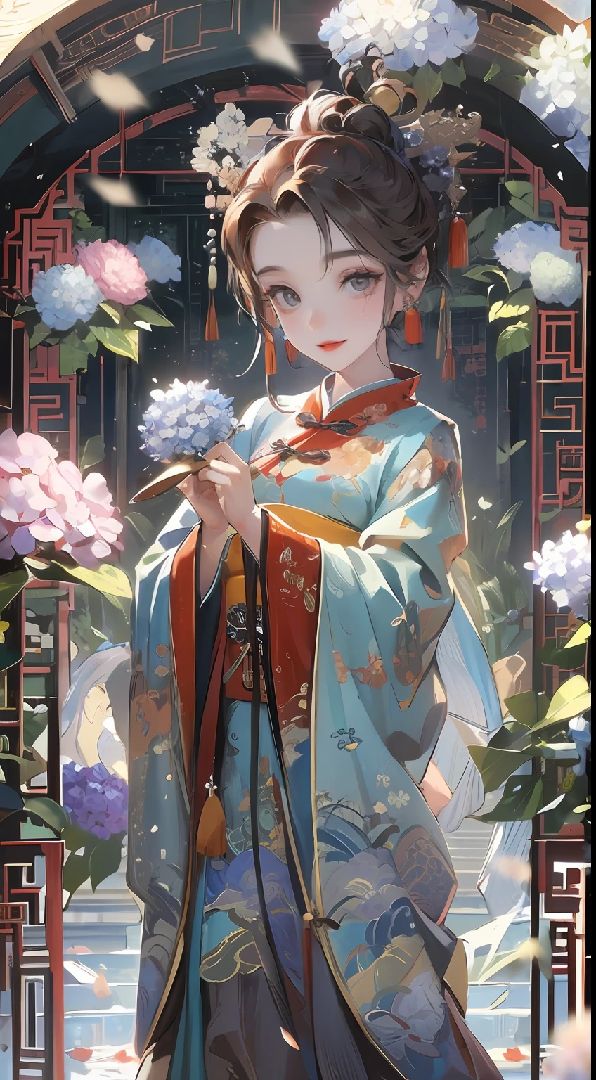 Masterpiece, Superb Product, Night, Full Moon, 1 Woman, Mature Woman, Chinese Style, Antique Chinese, Sister, Royal Sister, Smile, Brunette Hair, Updo, Red Lips, Calm, Intellectual, Hairpin, Hair Flower, Detailed Facial Details, Detailed Eyes, Full Body, Gray Eyes, Long Hair, Hydrangeas