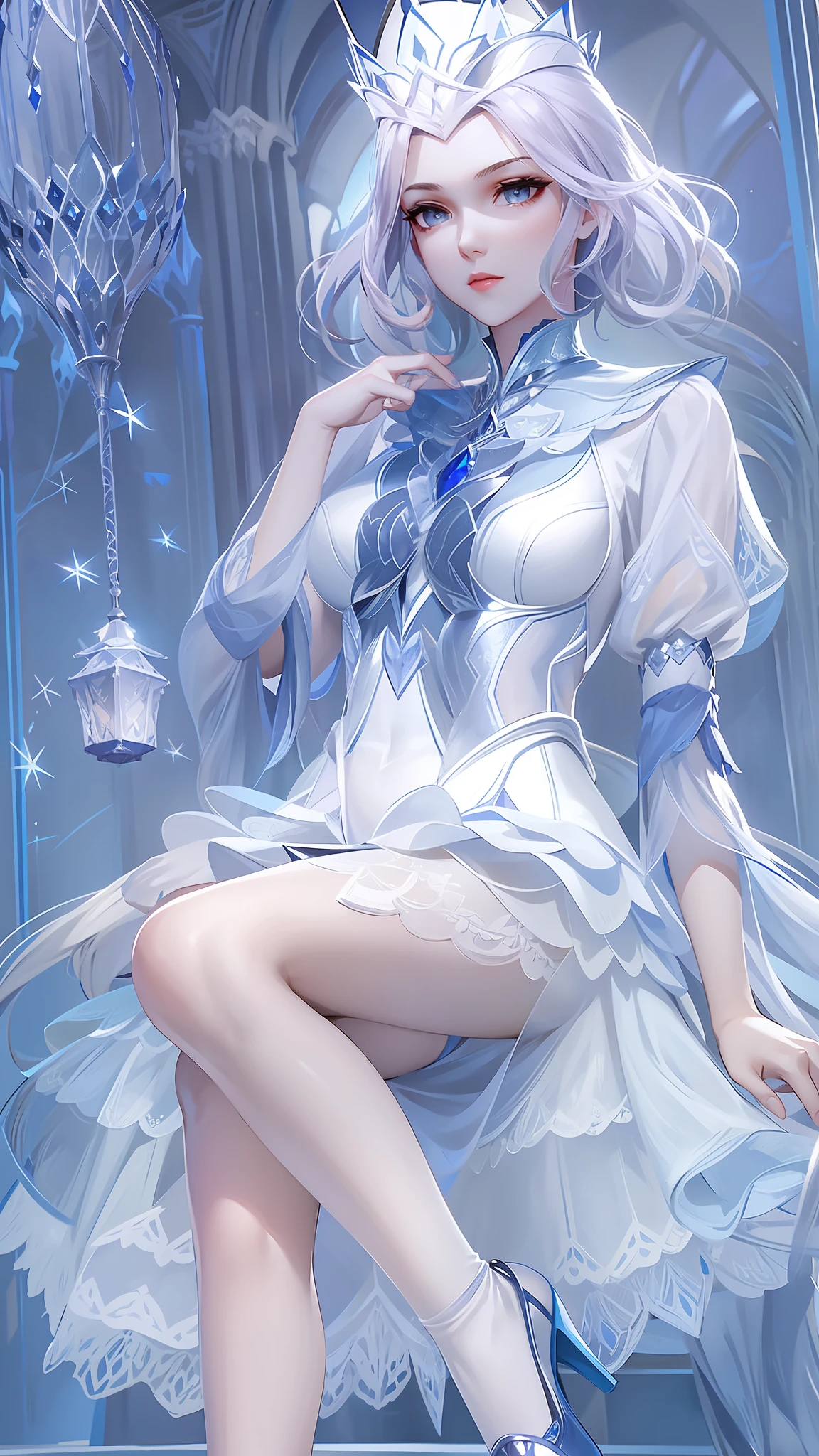 a pregirl，Short sleeves in blue and white，Blue and white lace round skirt，Covered with tulle，Long straight black hair，White cool sleeves，White silk leg socks，Crystal heels