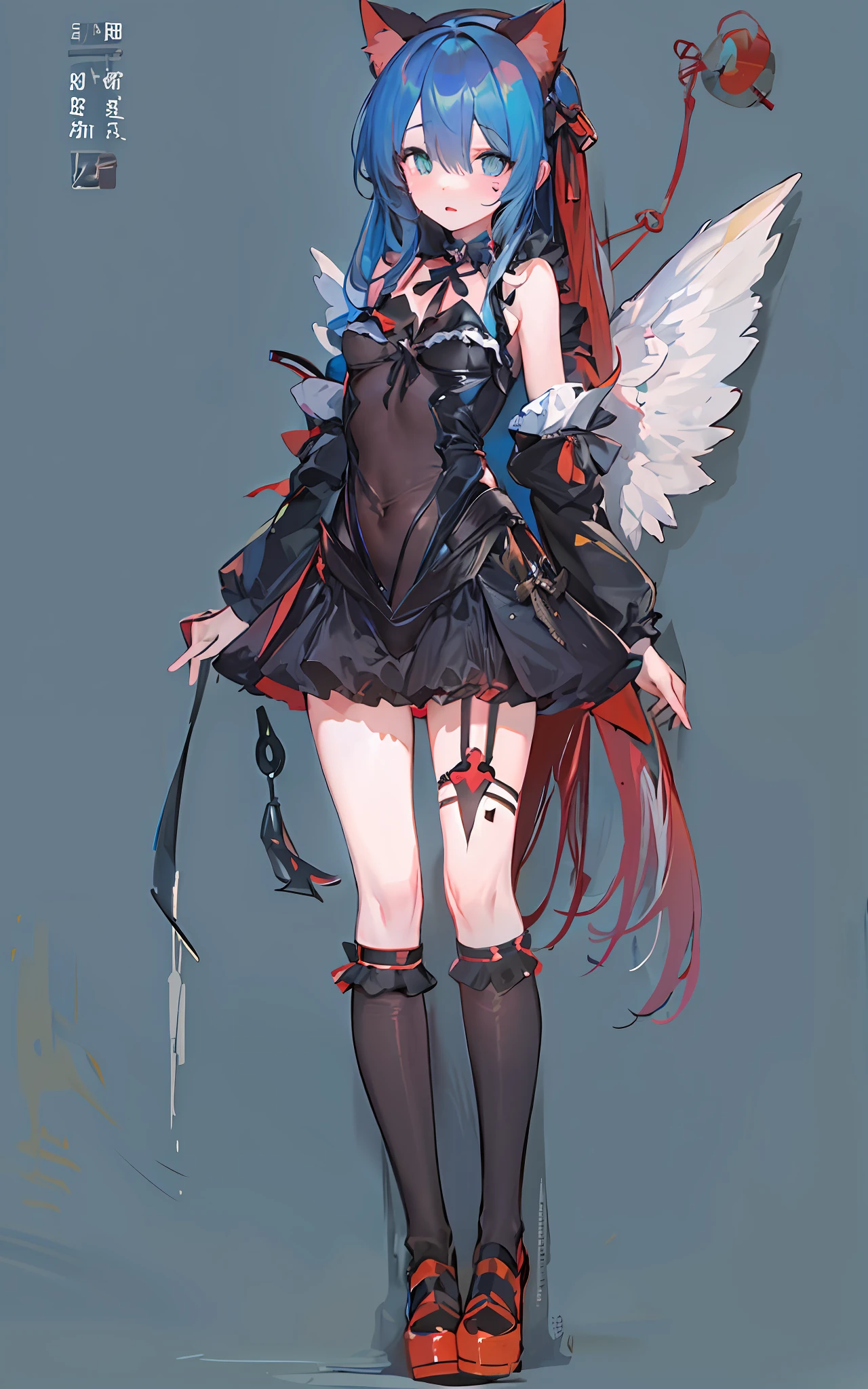 tmasterpiece，1girll，独奏，cat ear，（coda），hair on one eye，demon_Wings，little breast，Blue_Eyes，Be red in the face，with her mouth open，Low wing，black lence stockings，（（standing on your feet）），（On the street）
