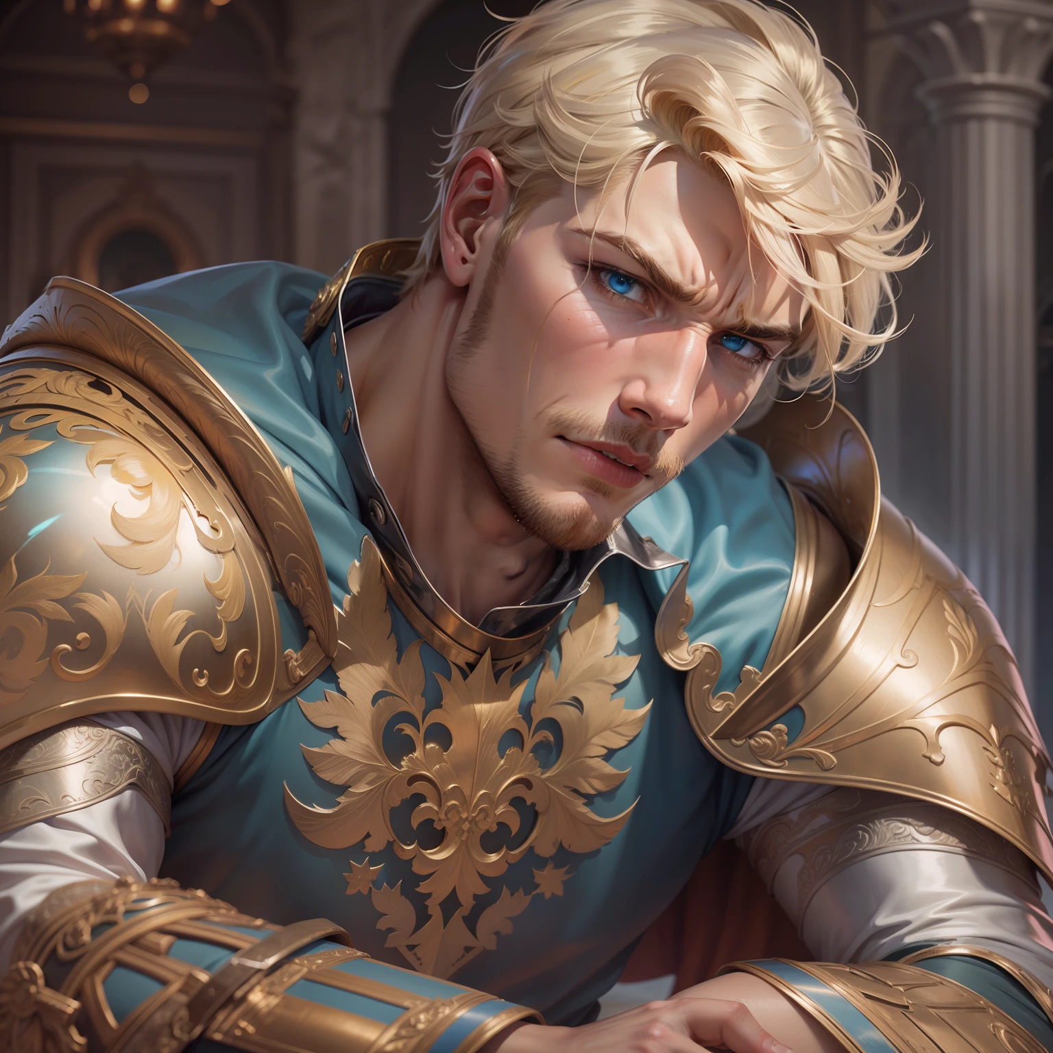 realistic image of blond male with short hair, 30s, tall, strong, ultra-detailed blue eyes, pained expression, dressed in silver armor torso and golden shoulder pads, hunched over when punched in the belly, saloon setting wide of a royal palace