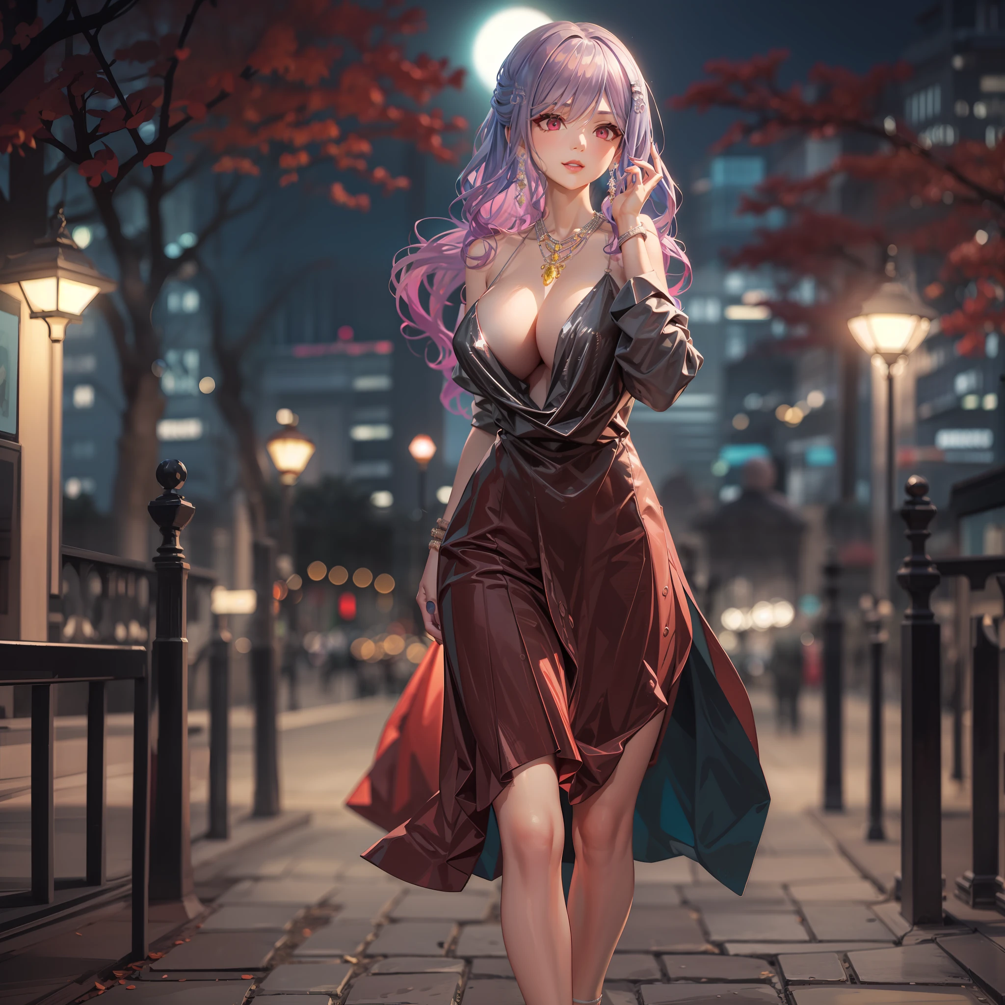 A girl standing in the park at night，Clear sky in the background. Park benches and soft lighting, Rear photo, (Side photography), looking back at the viewer, (Masterpiece), ((Ultra-detailed)), (Highly detailed), (Expressionless), (Best quality: 1.2), 8K, hdr, A high resolution, absurderes: 1.2, Object perspective, Blurred background, Bokeh: 1.1, Lens flare, (vivd colour: 1.2), High quality texture, Detailed texture, High-quality lighting and shadows, a face with perfect proportion, full bodyesbian, Mature and excited body, Detailed skin texture, vibrant, pale and radiant skin, natural saggy breasts, gigantic bosom: 1.5, High waist, Narrow waist: 1.3, Wide hips, Full buttocks, Detailed beautiful face, (PureErosFace_V1:1.3)(Ulzzang-6500:0.4) Detailed beautiful eyes, Symmetrical eyes, Perfect eyes, Seductive eyes, Beautiful nose, High nose, Clear blush, Detailed lips, Earrings, hoop earings, necklace, jewelry, Sapphire heart necklace, Silver-toned high-heeled sandals, Seductive expression, Smile, Perfect hands, Delicate and beautiful fingers, Detailed beautiful legs, photo-realistic hair, detailed hairs, (Silver dress, Red dress, Blue dress), Chisato Nishiki, Long hair, Blonde hair, (Red eyes: 1.5), Hair ribbon, Bob cut, Red hair ribbon,)，gigantic cleavage breasts，Japan goddess，blush，