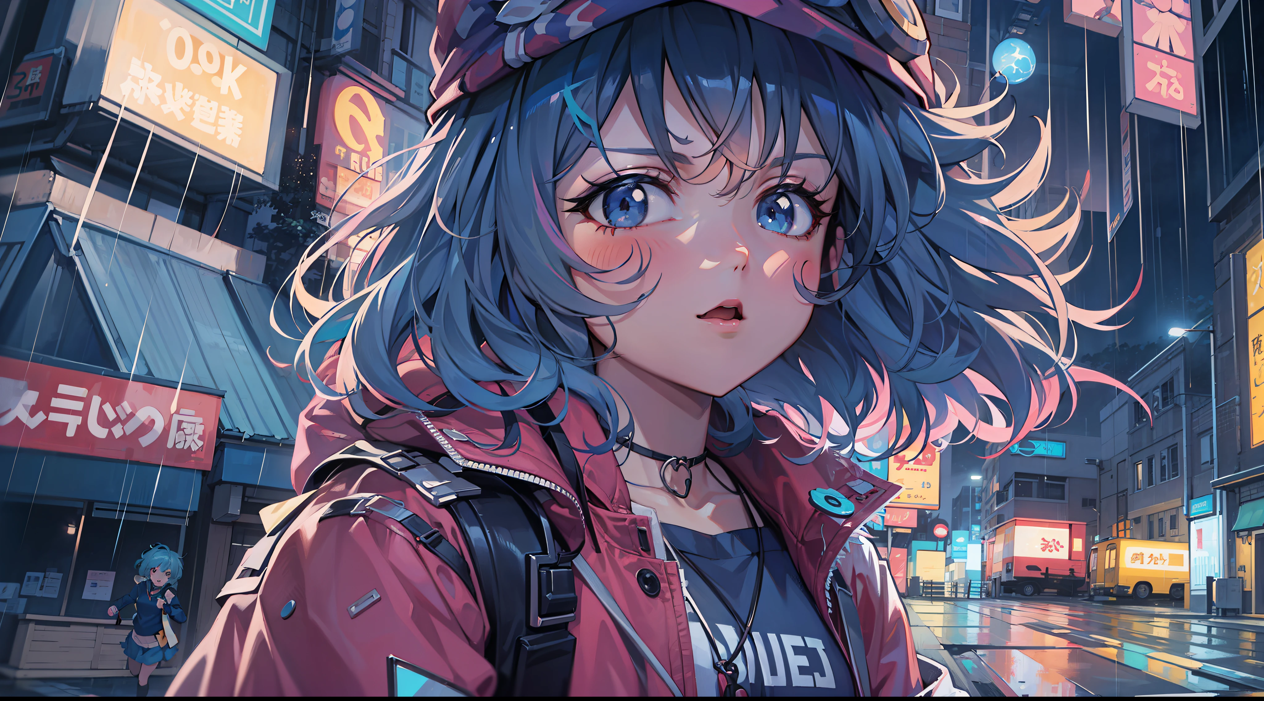 Anime girl walking down street in rain at night,, in the art style of 8 0 s anime, the anime girl is running, ' ramona flowers ', cosmic girl, style of anime4 K, 8 0 s anime art style, Praise Artstyle, official fanart, Anime style illustration