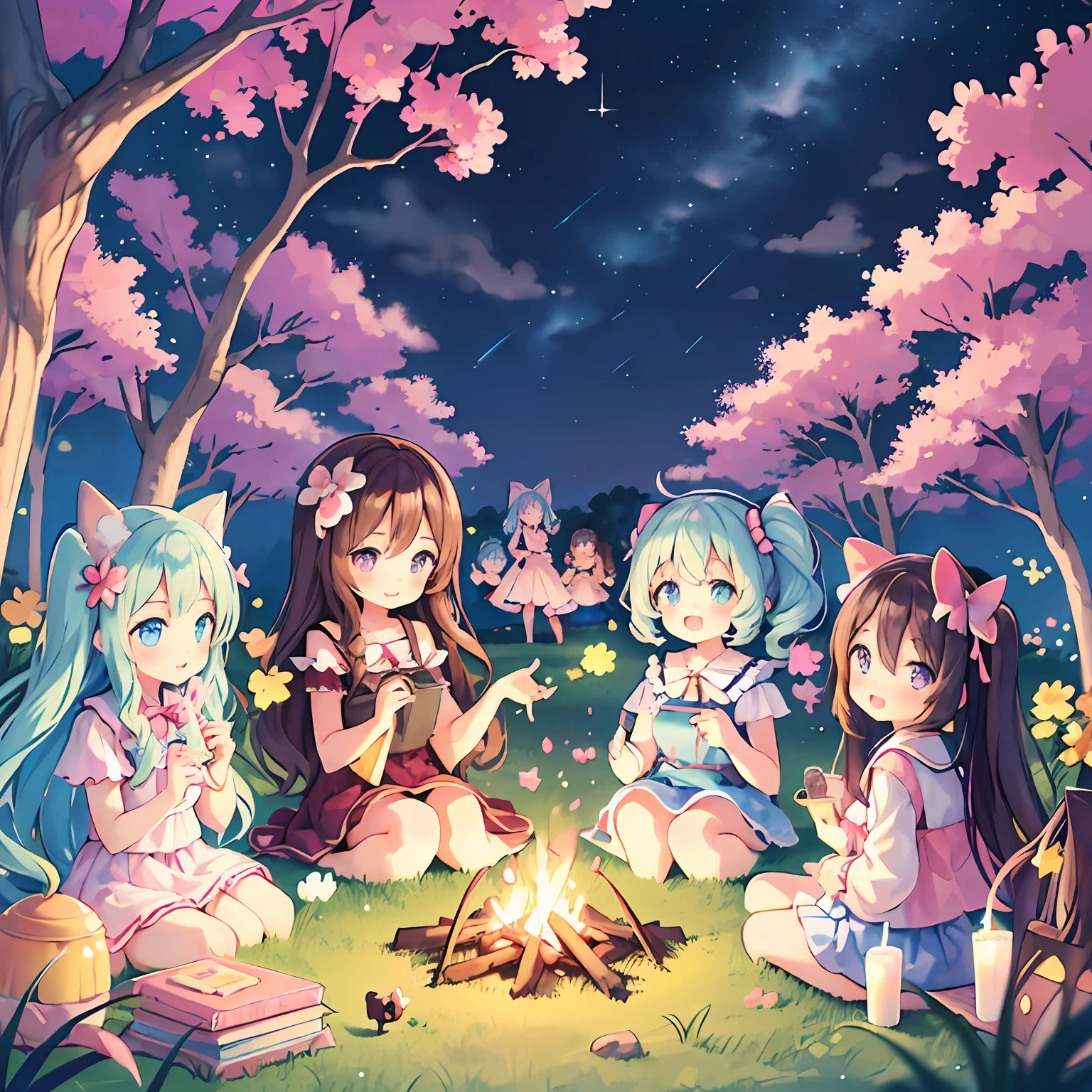 masterpiece, (2girls and 2girls and 2girls and 2girls around campfire), idol, big eyes, kawaiitech, kawaii, cute, pastel colors, best quality, happy, deep background, symmetrical, tilted head, summer