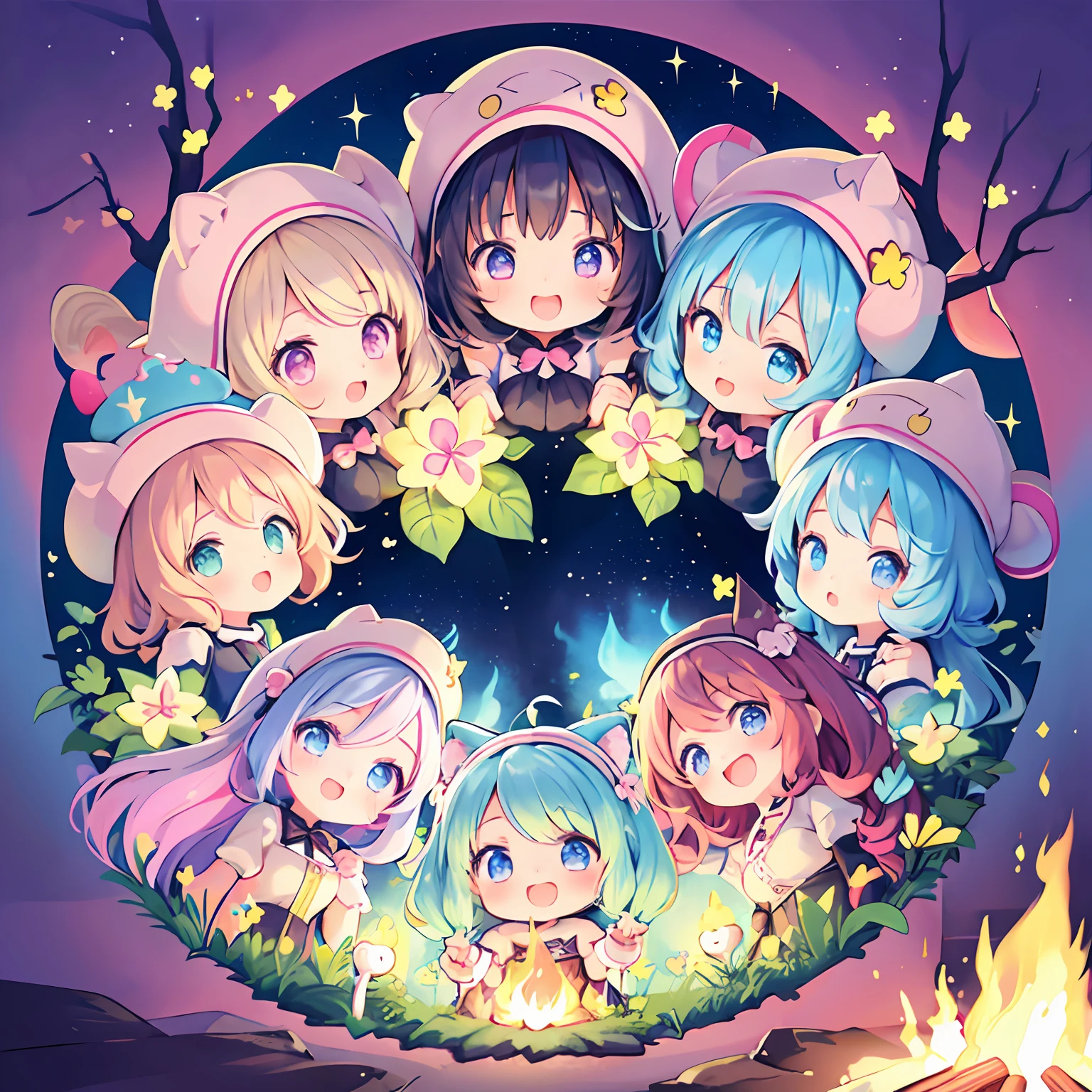 masterpiece, (2girls and 2girls and 2girls and 2girls around campfire), idol, big eyes, kawaiitech, kawaii, cute, pastel colors, best quality, happy, deep background, symmetrical, tilted head, summer