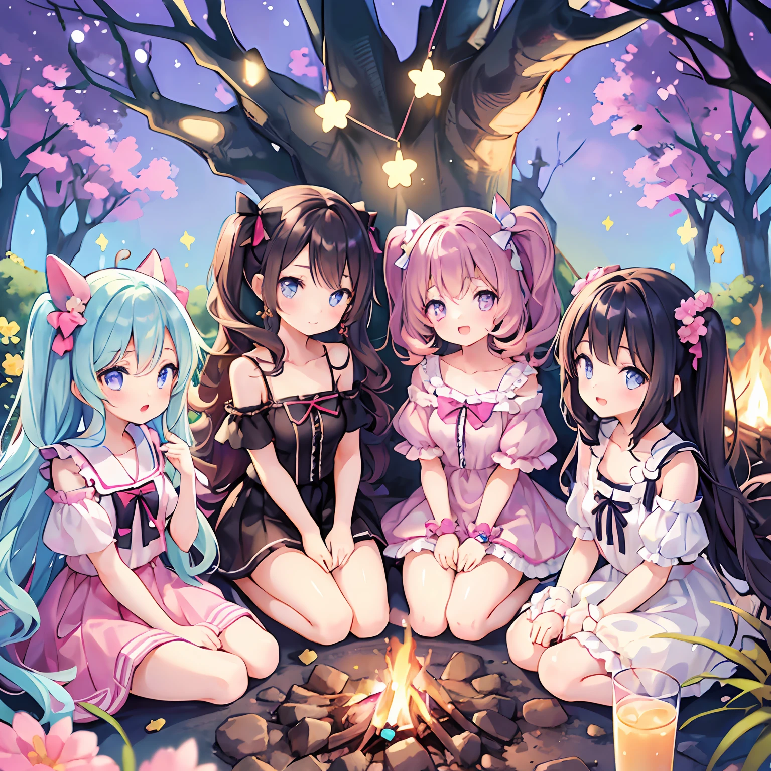 masterpiece, (2girls and 2girls and 2girls and 2girls around campfire), idol, big eyes, kawaiitech, kawaii, cute, pastel colors, best quality, happy, deep background, symmetrical, tilted head, summer