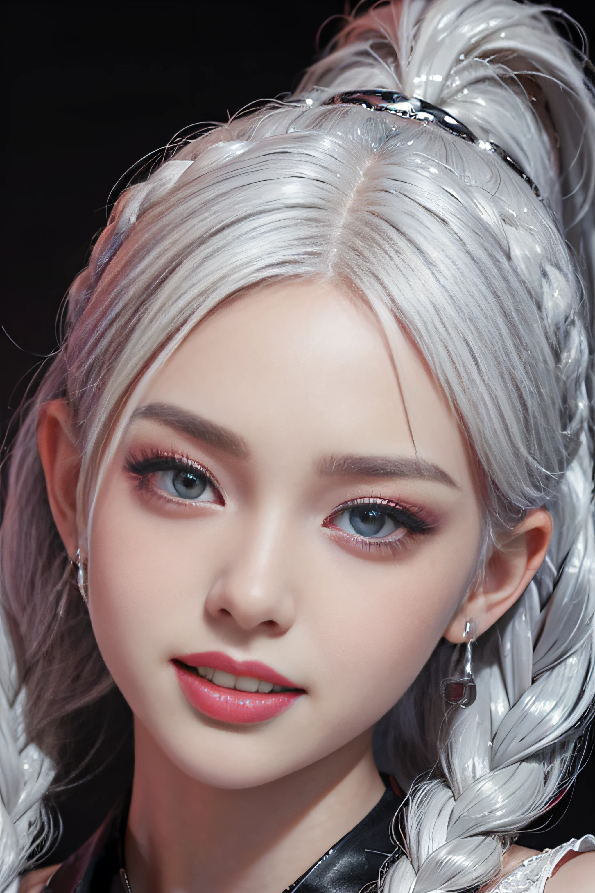 1girl,photorealistic,naughty face, white hair,rolling_eyes,ahegao, open mouth, evil smile, srtong wind,twin_braids, earrings, jewelry, animal,