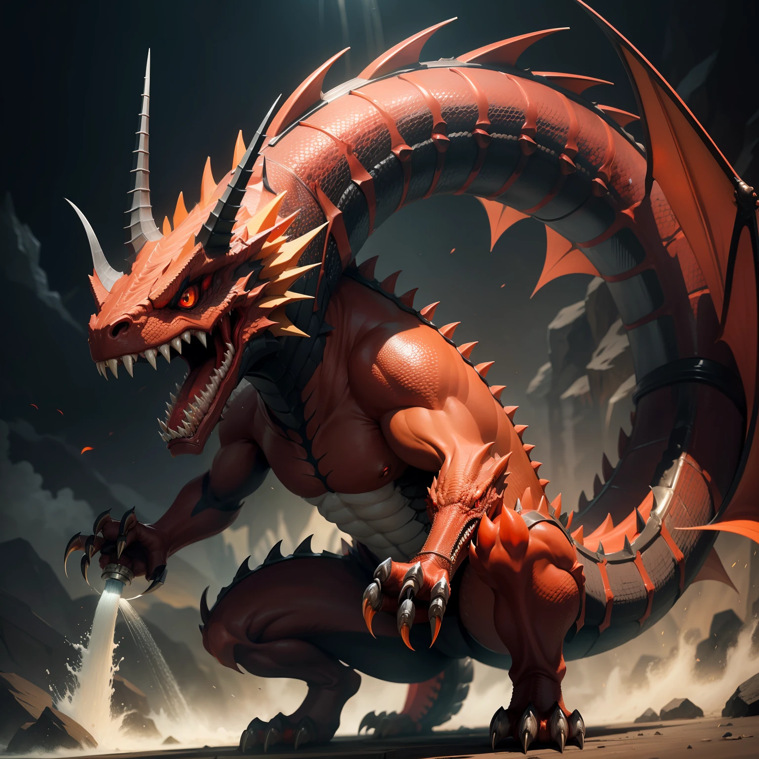 drak,Fierce,Red-orange eyes,Sharp teeth,Open-mouthed,irate,faucet,chinesedragon,horn,scutes,Four legs and three claws,k hd,realisticlying,