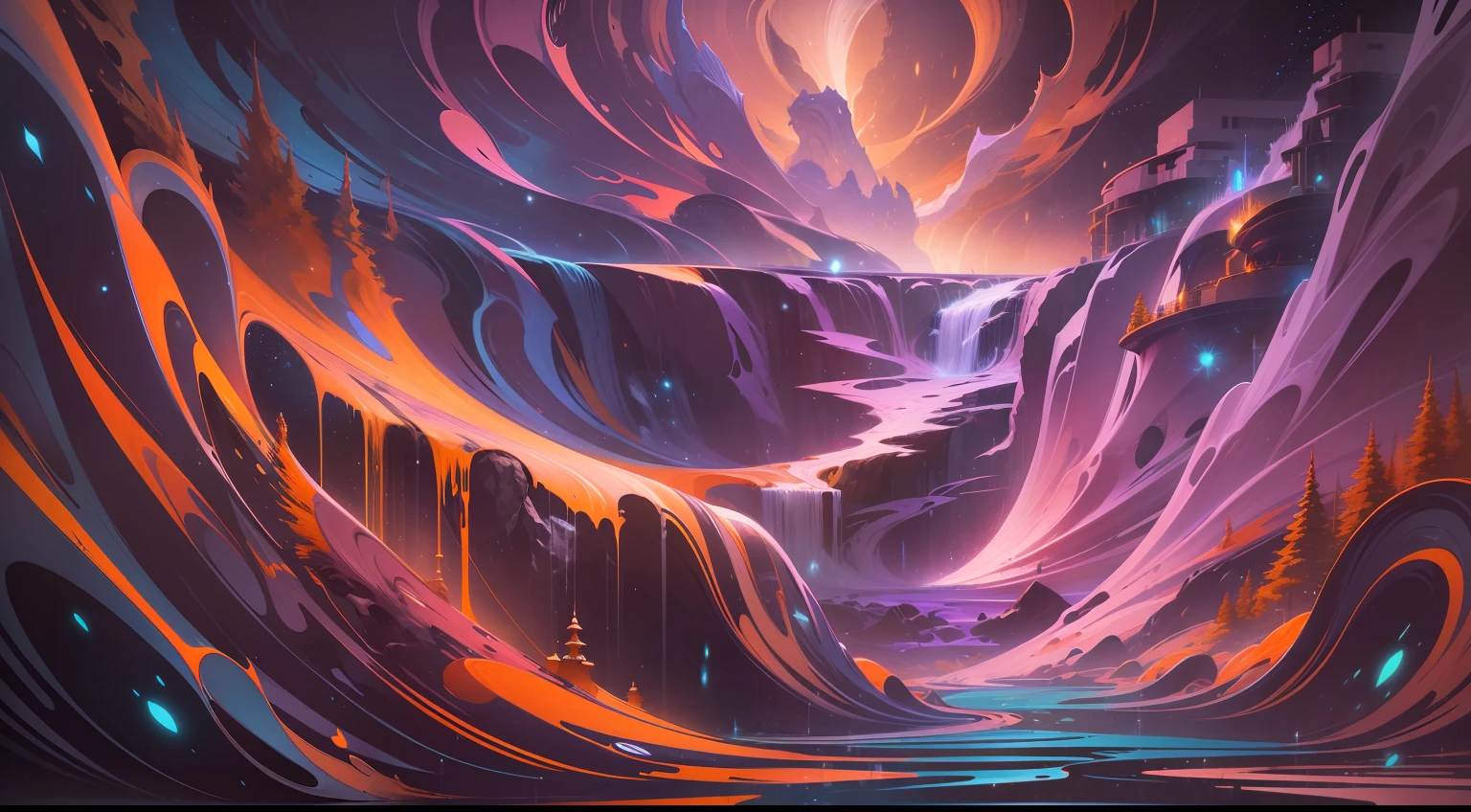 art by John T. Biggers , (art by Abraham Rattner:1.2), Abstract, Long exposure of a Chic "The Waterfall of Chaos", at Nighttime, Happy, broad lighting, Depth of field 270mm, Vivid Colors, White dust particles, trending on artstation