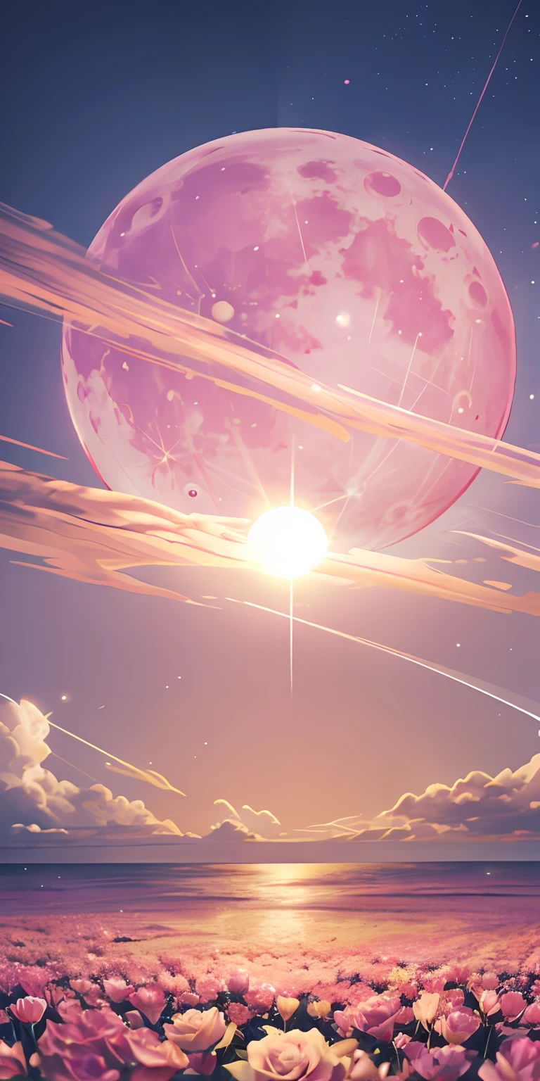 Pink moon, pink sky, pastel pink clouds, pink waves sparkling, sparkling, pink roses on pink ocean, fantasy, soft lighting, ultra hd, realism, cinematic effects, lens flare, aperture 16