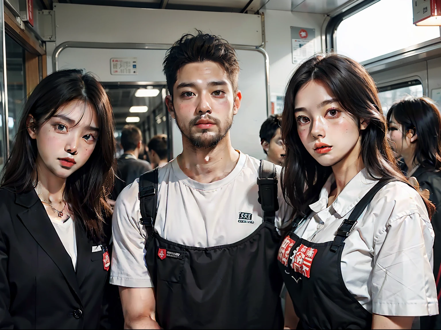 realisticlying, best qualtiy, tmasterpiece, 3 people, Delicate eyes, Detailed face, Inside a Japanese train, Single mature male, tall muscular guy, lbeard, fireman, Female physical education teacher