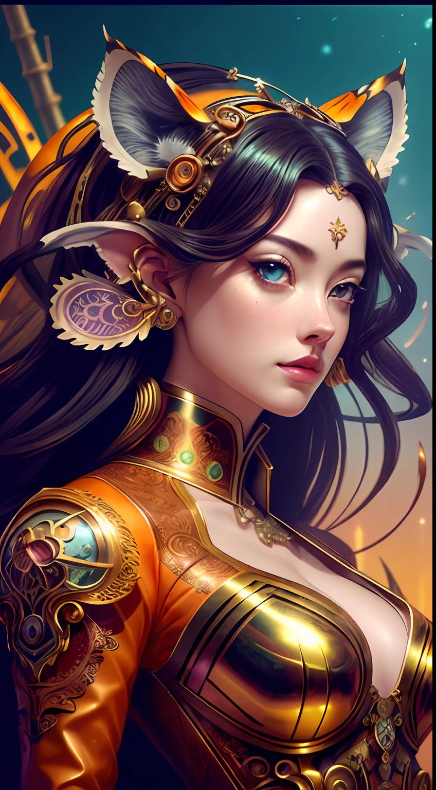 meccog, panorama, full body, best quality, masterpiece, super high resolution, (realism: 1.4), ridiculous, cinema lights, (best vista photos of mechanical girls), 1girl, (Anatomically correct), Tiger pattern decoration on clothes, Full body, Broken [orange: pink: 0.5] theme, (gradient background: 1.1), long hair, (tiger ears), orange eyes, delicate headdress, (koh_amberheard:0.9), extremely detailed face, Fantasy sci-fi creatures, surrealism, steampunk, intricate design, extremely detailed, exquisite details,