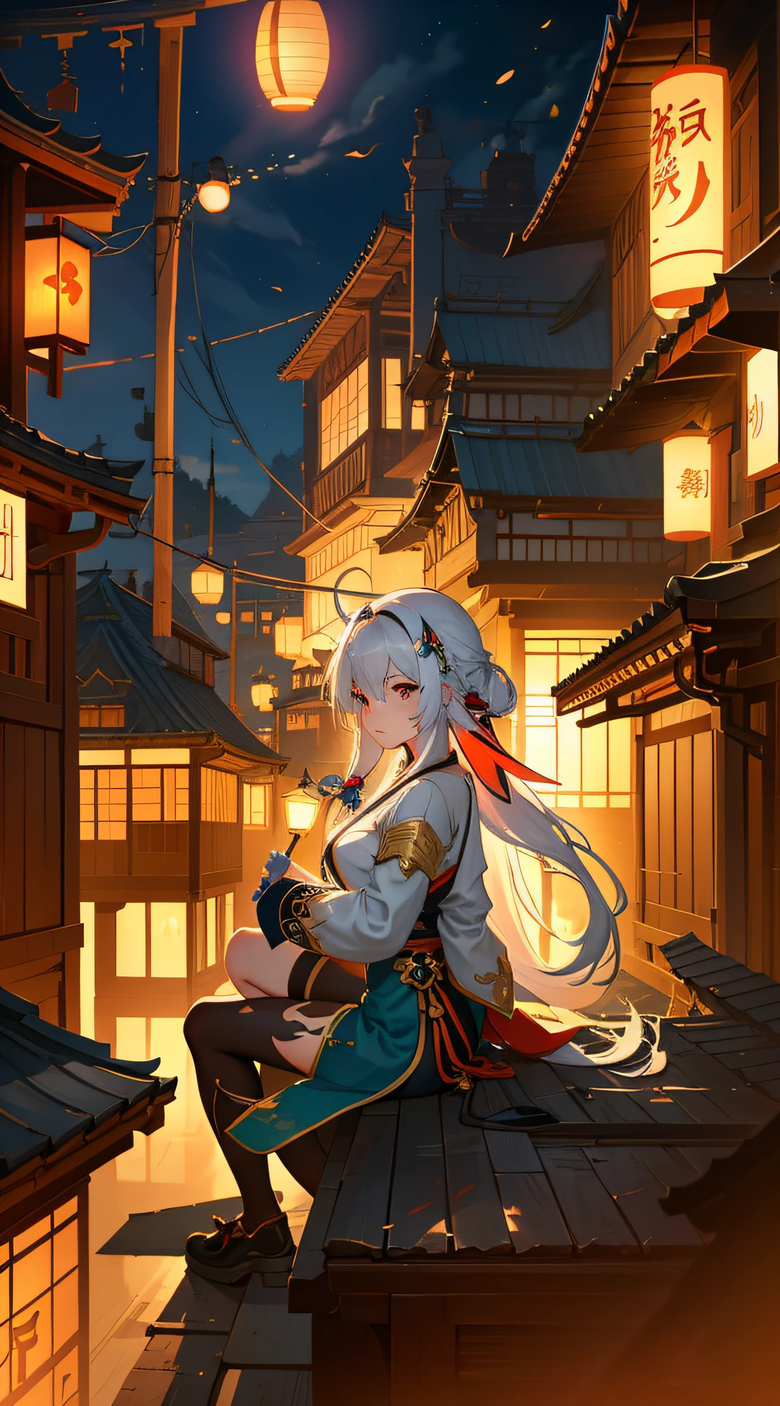 Anime girl sitting on rooftop，Has long white hair，One leg is bent in black silk，The other leg is bare-legged straight，The background is a lantern, Artgerm and Atey Ghailan, by Yang J, atey ghailan 8 k, Kawasi, Keqing from Genshin Impact, Anime art wallpaper 8 K, Guviz-style artwork, Guweiz in Pixiv ArtStation, trending on artstation pixiv