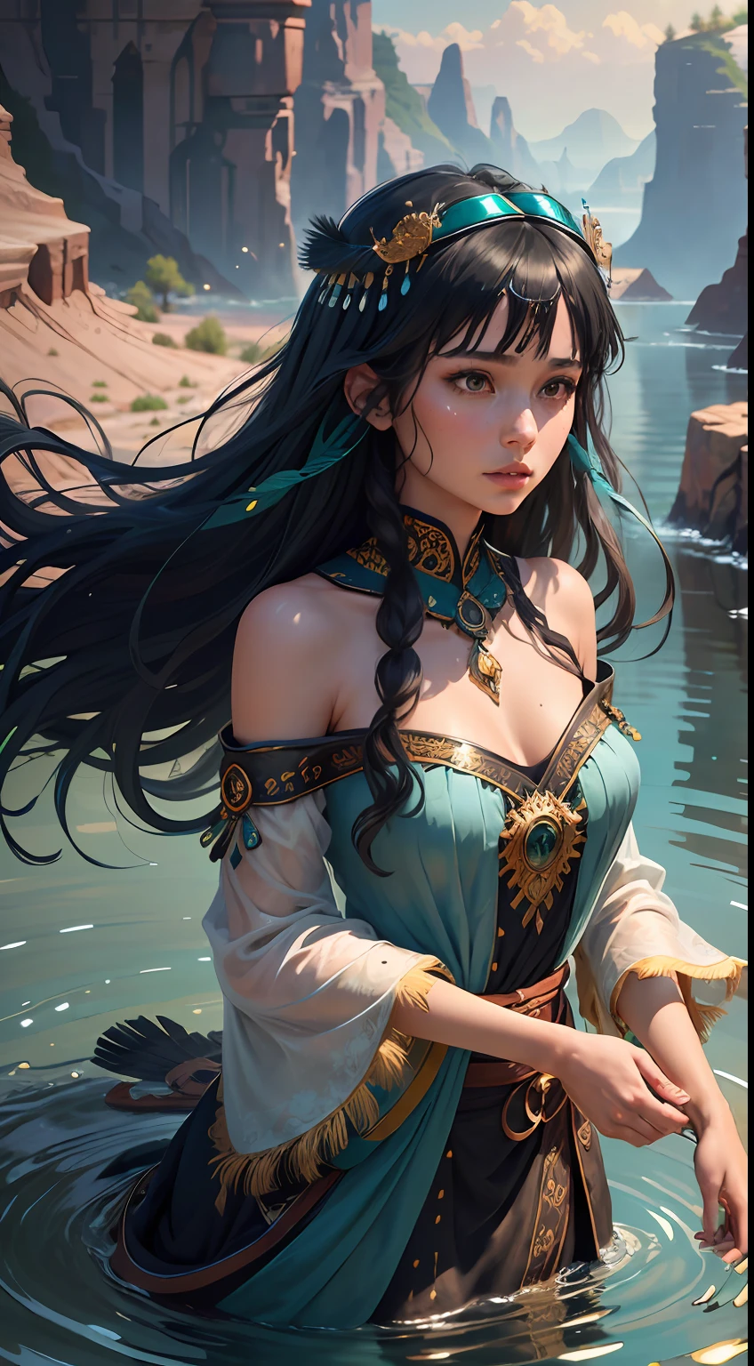 (highest quality, award-winning, masterpiece: 1.5), ultra-high resolution, (a fair-skinned girl: 1.2), long black hair, long hair floating (gorgeous face), calm, green long dress, turquoise, tribal ornaments, (feathers in hair: 0.4), headdress: 0.33, emerald, obsidian, detailed clothes, realistic skin texture, (floating particles, water swirls, embers, rituals, whirlwinds, wind: 1.2), clear focus, volumetric lighting, good highlights, good shadows, subsurface scattering, complex, highly detailed, ((film)), dramatic, (realism: 1.5), background canyon,