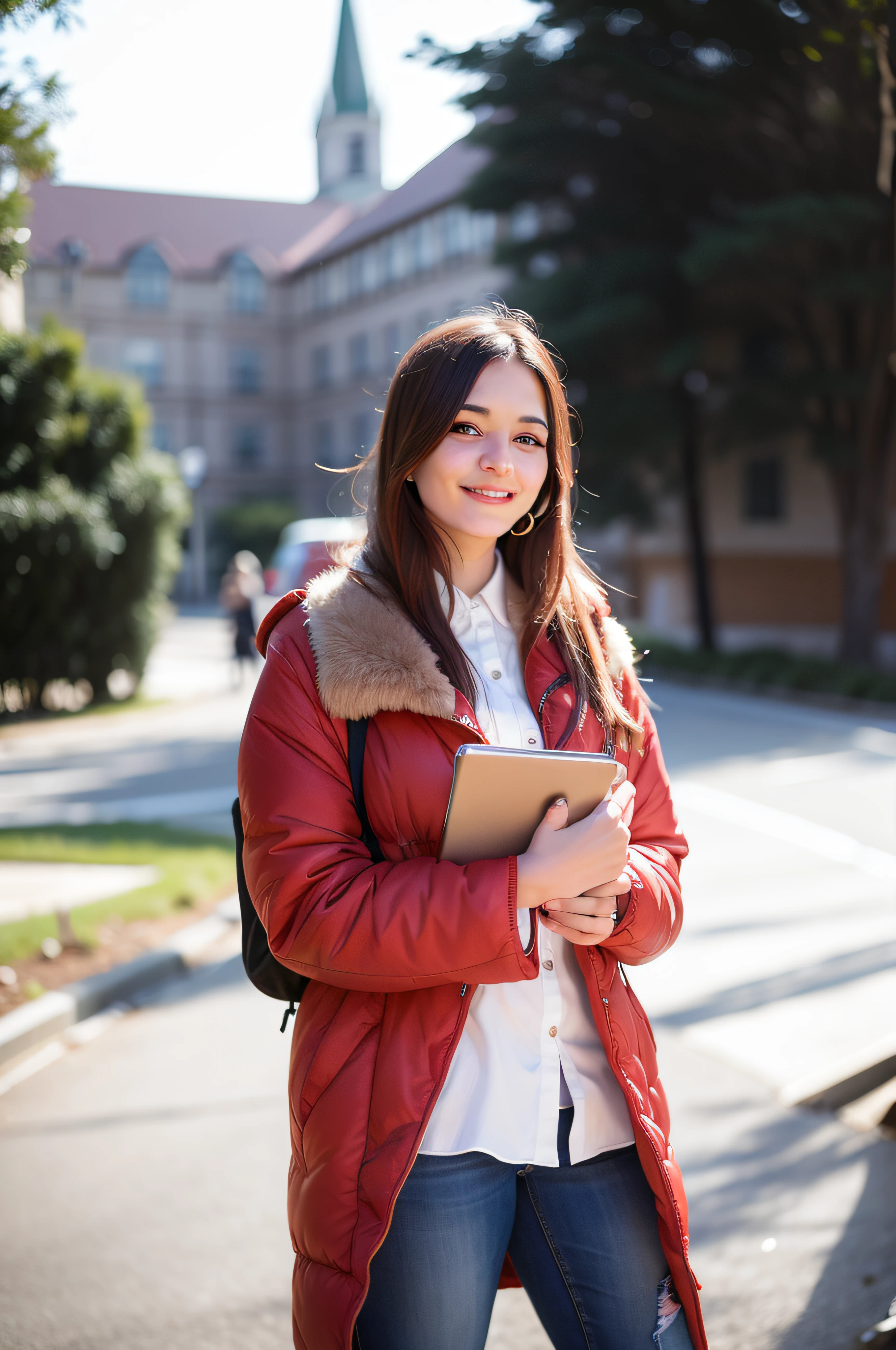 mulher de casaco laranja segurando um livro, estudante, sorridente, Retrato no meio da foto, vestindo jaqueta laranja, Alexandra Waliszewska, Ana Nikonova, Madalena Radziej, Alexandra Fomina, retrato da menina da universidade, Alina Ivanchenko, foto da mulher jovem, Ekaterina, Valentina Embaralhamento, 8k, realista, alta resolução, detalhamento