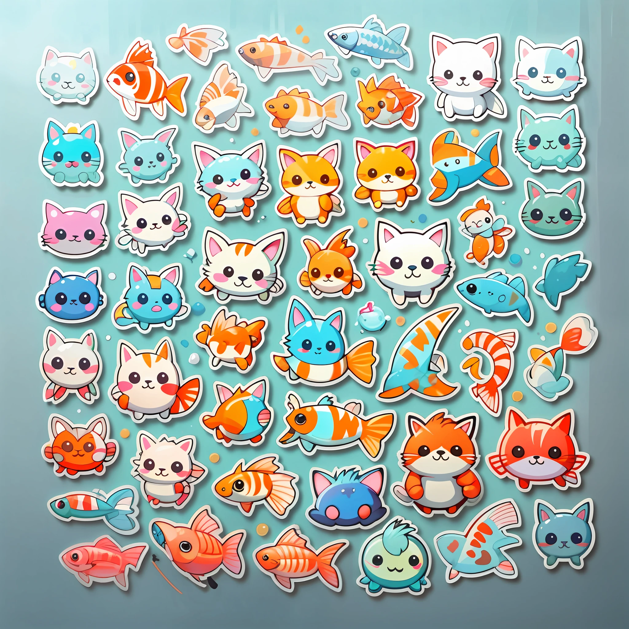 a sticker， stickfigure，Cute cats， The fish，Moe carp，Cute little fish，light blues，solid color backdrop， Character focus low saturation