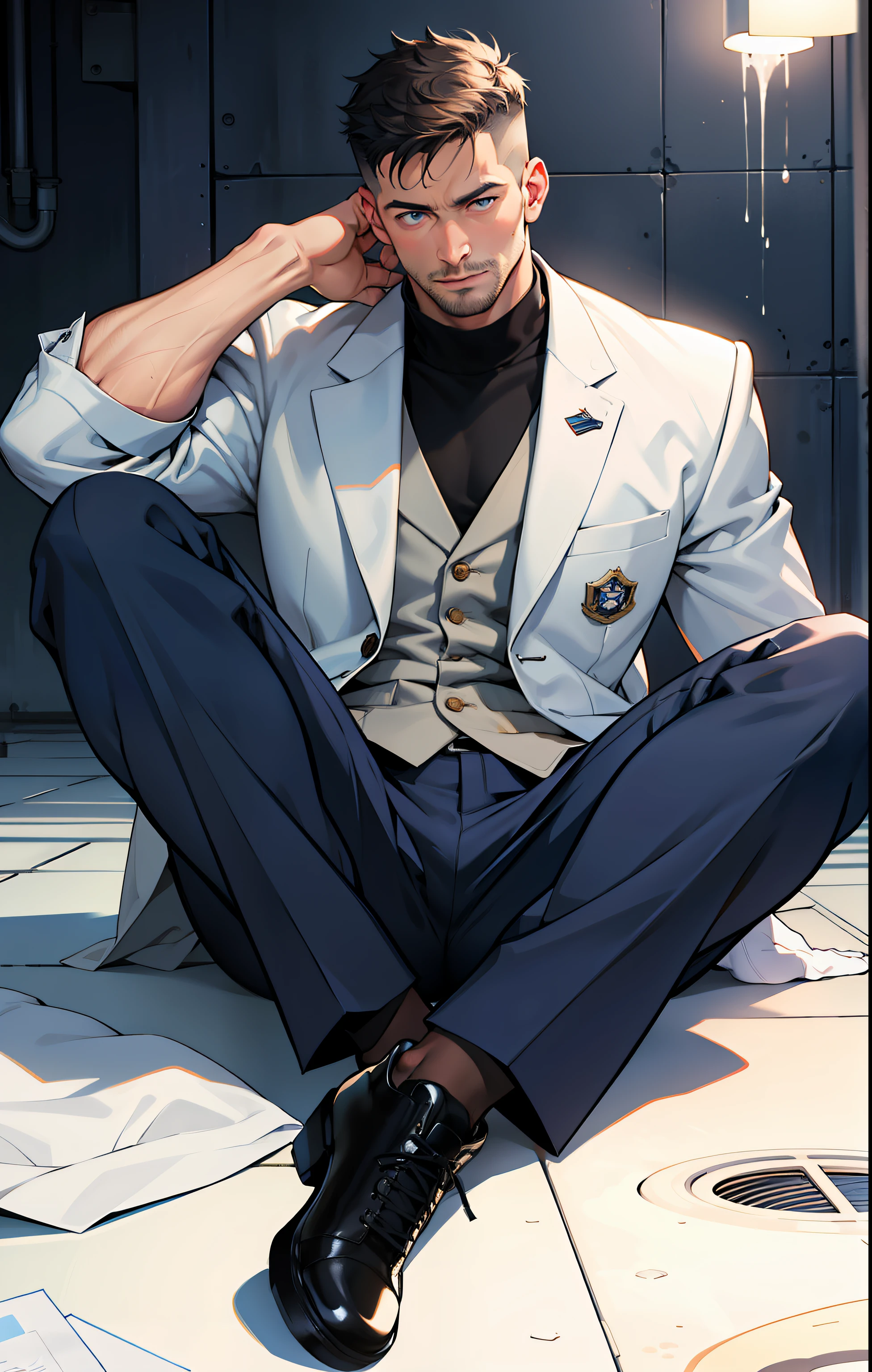 masterpiece, best quality, face, natural eyes, 1man, european, big feet, black socks, (no shoes), full body, (in suits), large bulge, long legs, looking at viewer, 30 years old, muscled and mature, sea, a navy soldier, navy army, short haircut, sitting with legs streched, blue eyes, flush, organism, face covered with white fluids, sweating, tight cloth, erecting