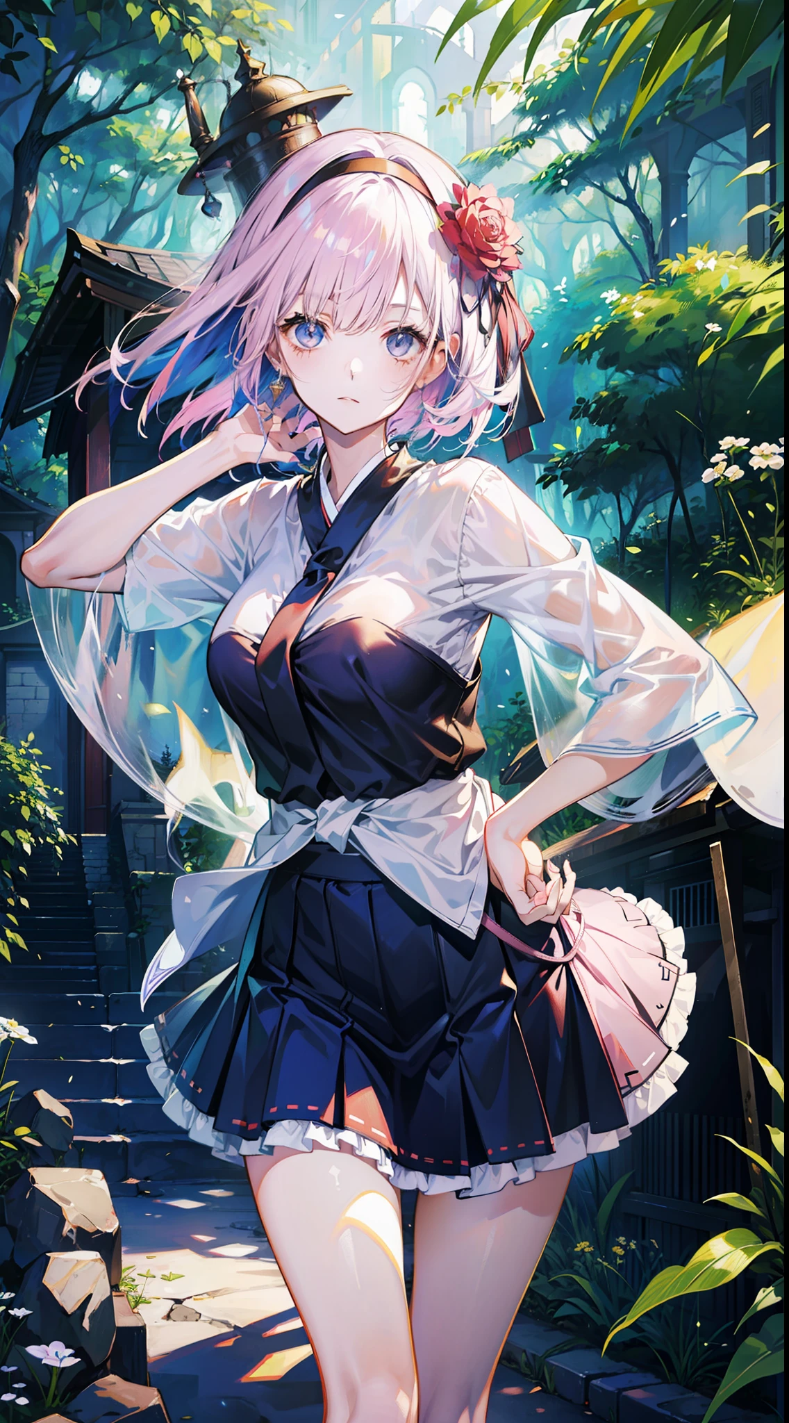 Masterpiece、masterwork、exquisite、beautiful Girl、shrine maiden、a miniskirt、ln the forest、Sunlight、Cute anime illustration、