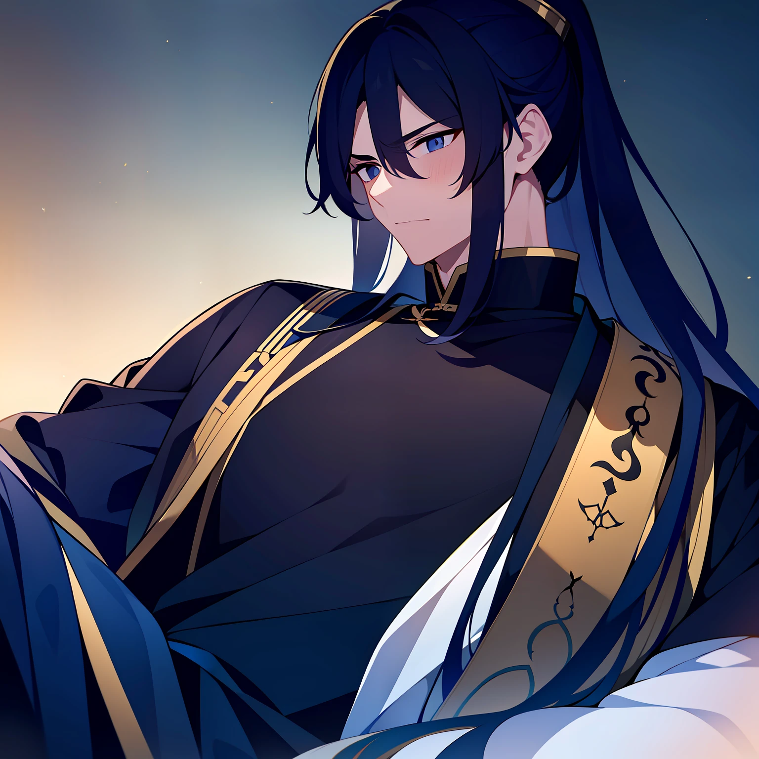 1boys，超高分辨率，whaite hair，Front upper body，detail in face，Black clothing gold texture，Simple coloring