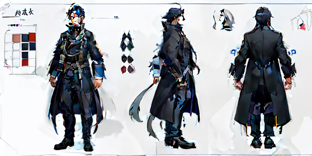 black long coat man, white background, full body, standing, best quality (1.3), masterpiece (1.2), character sheet,