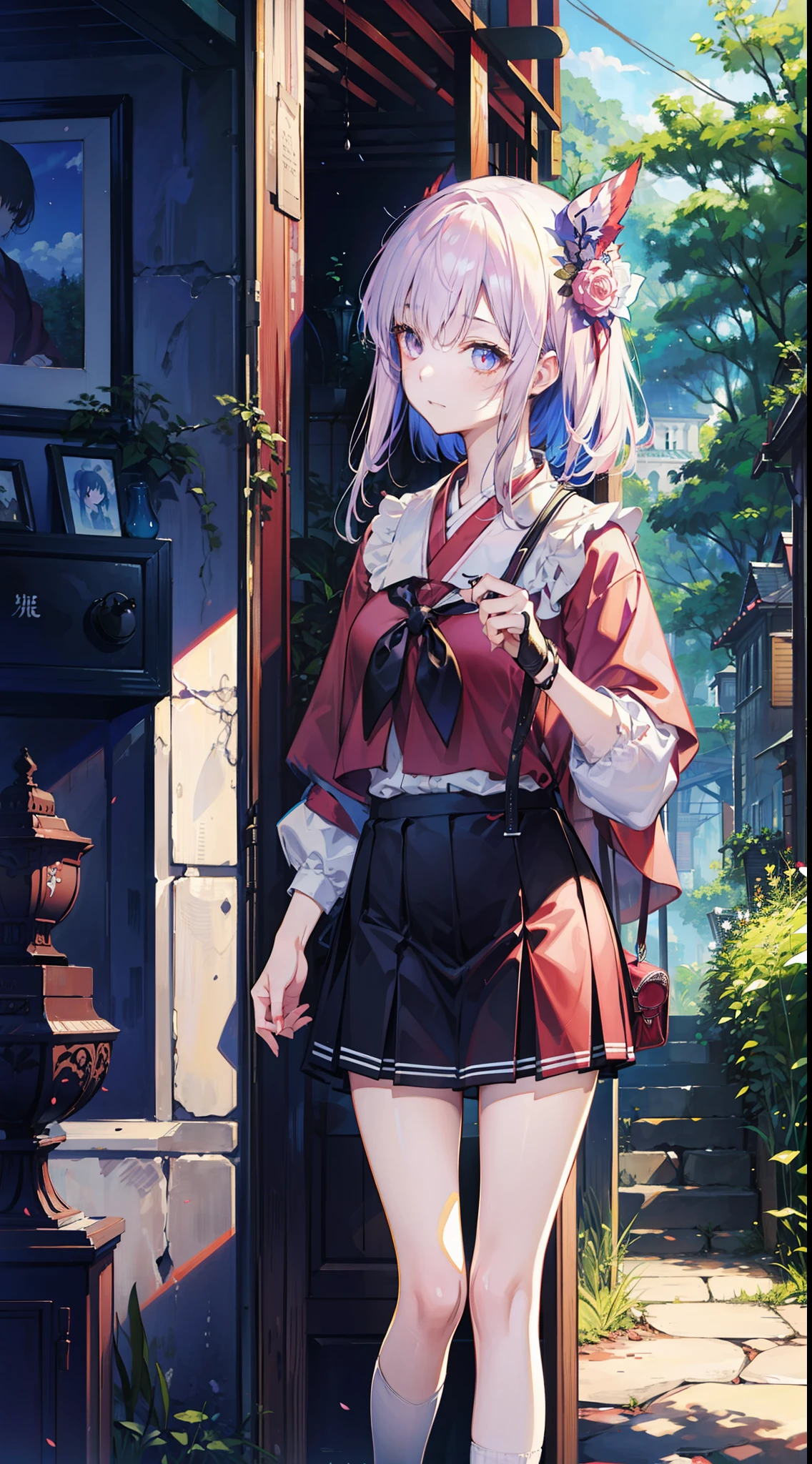 Masterpiece、masterwork、exquisite、beautiful Girl、shrine maiden、a miniskirt、ln the forest、Sunlight、Cute anime illustration、