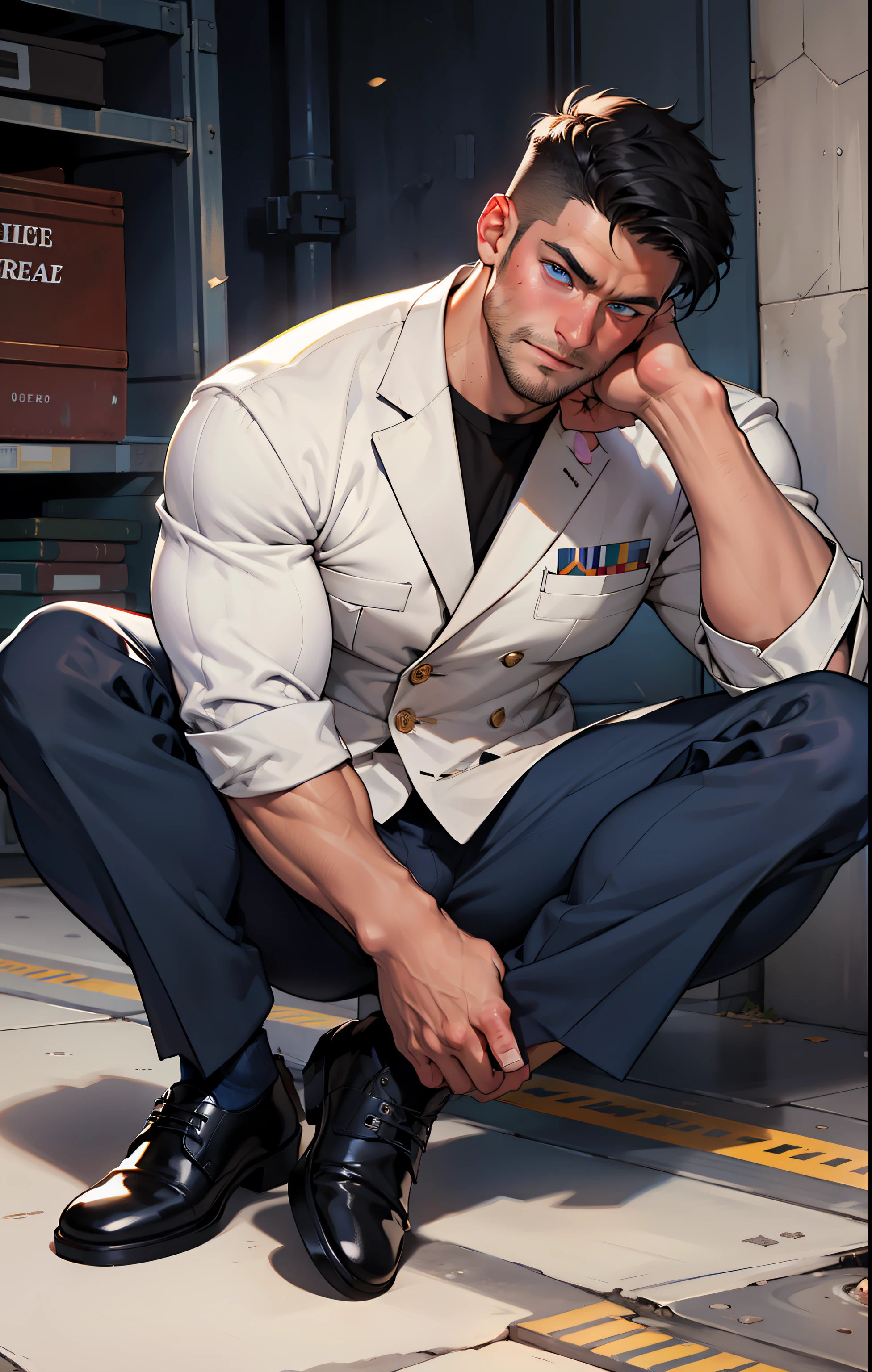 masterpiece, best quality, face, natural eyes, 1man, european, big feet, black socks, (no shoes), full body, (in suits), large bulge, long legs, looking at viewer, 30 years old, muscled and mature, sea, a navy soldier, navy army, short haircut, sitting with legs streched, blue eyes, flush, organism, face covered with white fluids, sweating, tight cloth, erecting