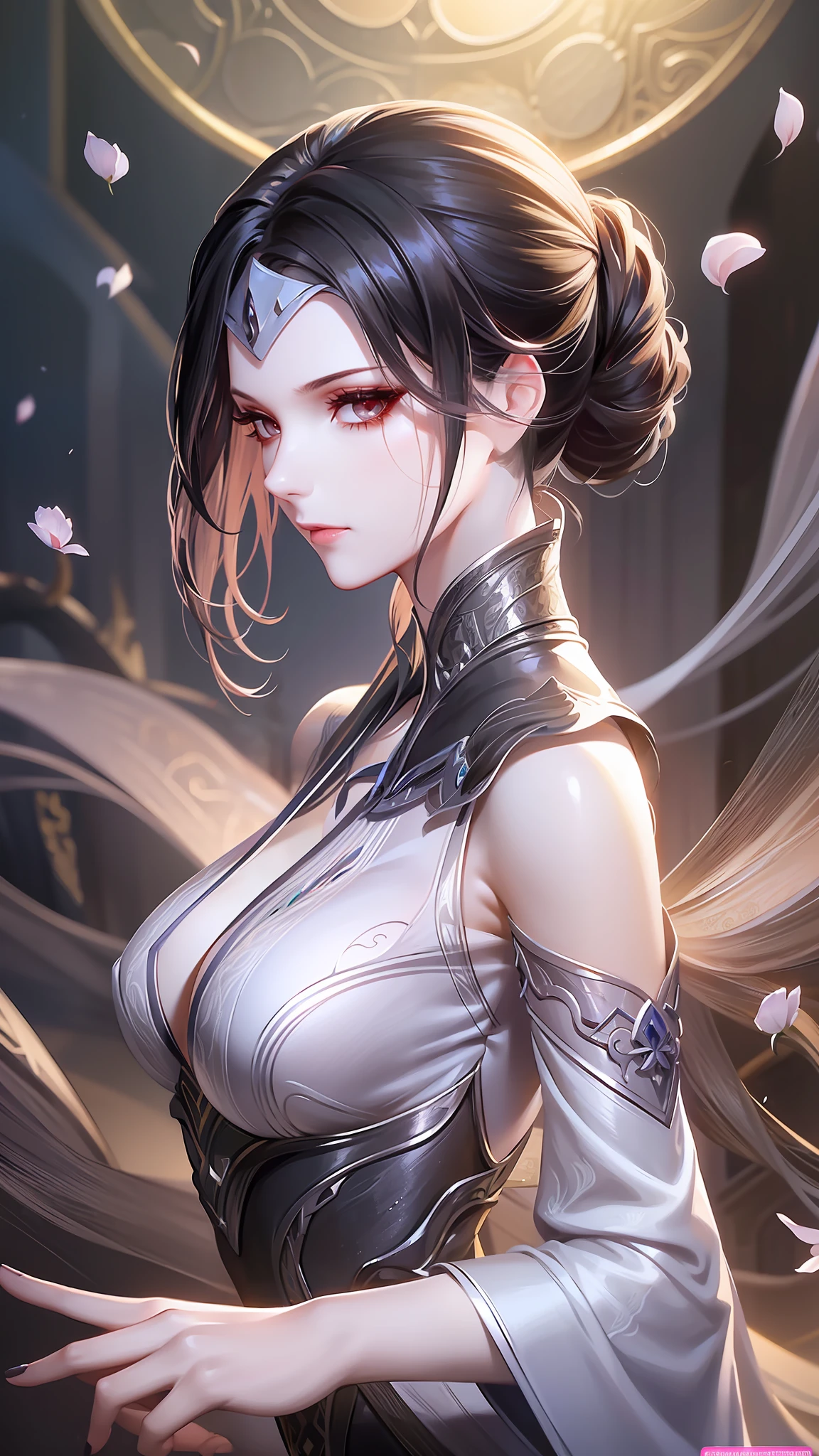 An elegant woman with straight black hair wears a gorgeous long dress with light and elegant movements. (Girl), Lace, Ribbon, Hanfu, (Masterpiece, Side Light, Delicate and Pretty), Masterpiece, Realistic, Glowing Eyes, Sparkling Hair, Shiny Skin, Celime, Bare Shoulder, Delicate, Beautiful, Garden, Flowers, Fluttering Petals, Sideways, Conservatism