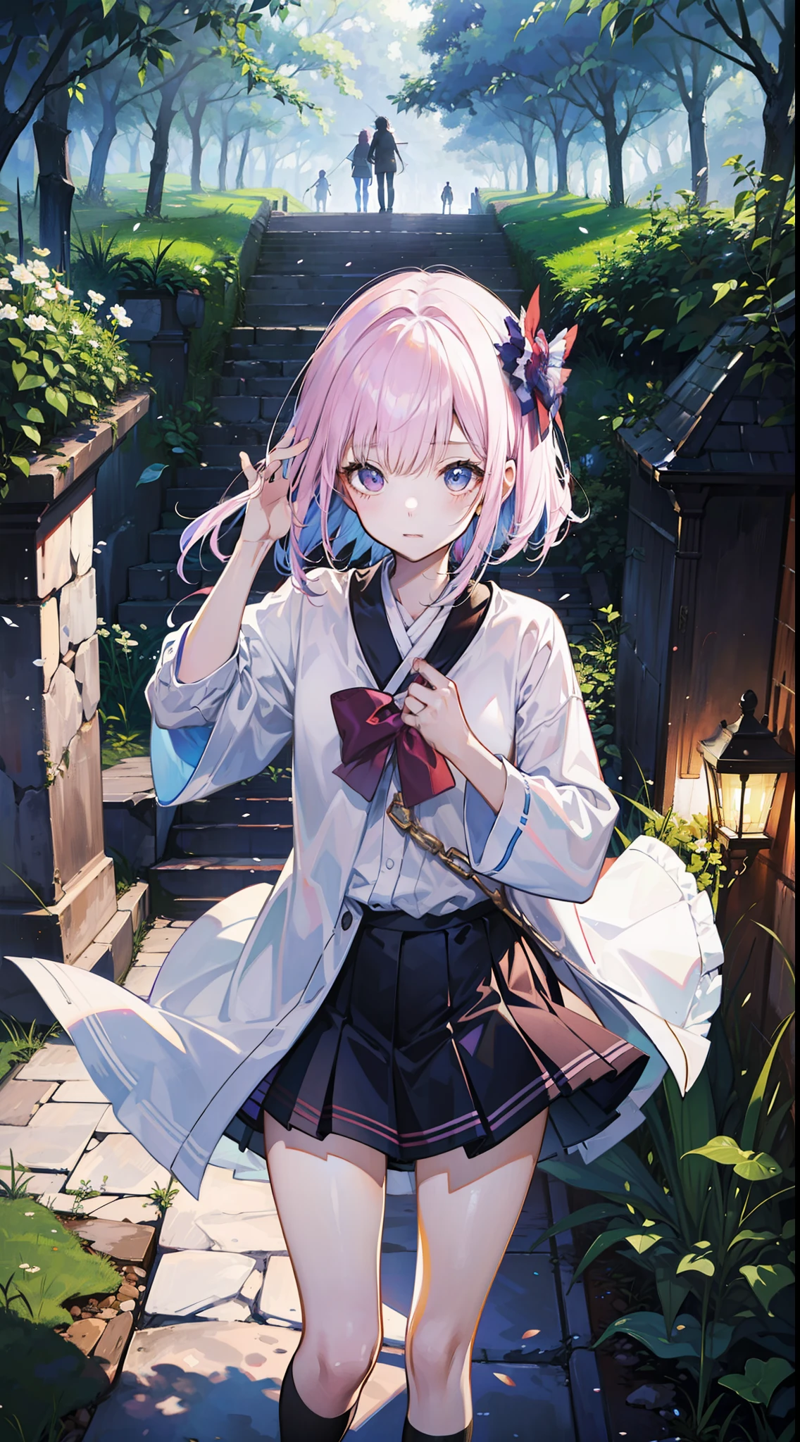Masterpiece、masterwork、exquisite、beautiful Girl、shrine maiden、a miniskirt、ln the forest、Sunlight、Cute anime illustration、