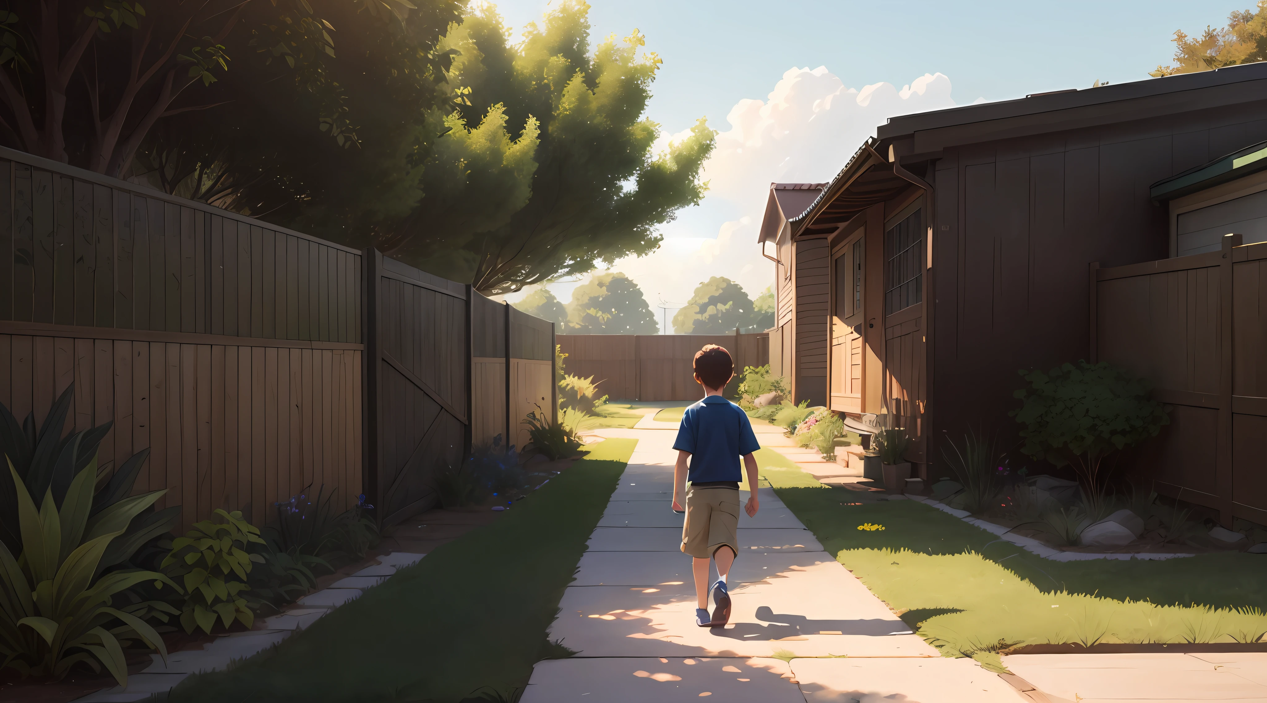 There's a boy walking down a sidewalk in a backyard, walking through a suburb, renderizar na pixar, realistic afternoon lighting, inspirado em Goro Fujita, pixarman rendering rendering, Makoto Shinkai. octan render, pixar octane render, pixar rendering, menino ambulante, Cinematic Shot!, luz do dia feita no liquidificador, filme muito realista ainda