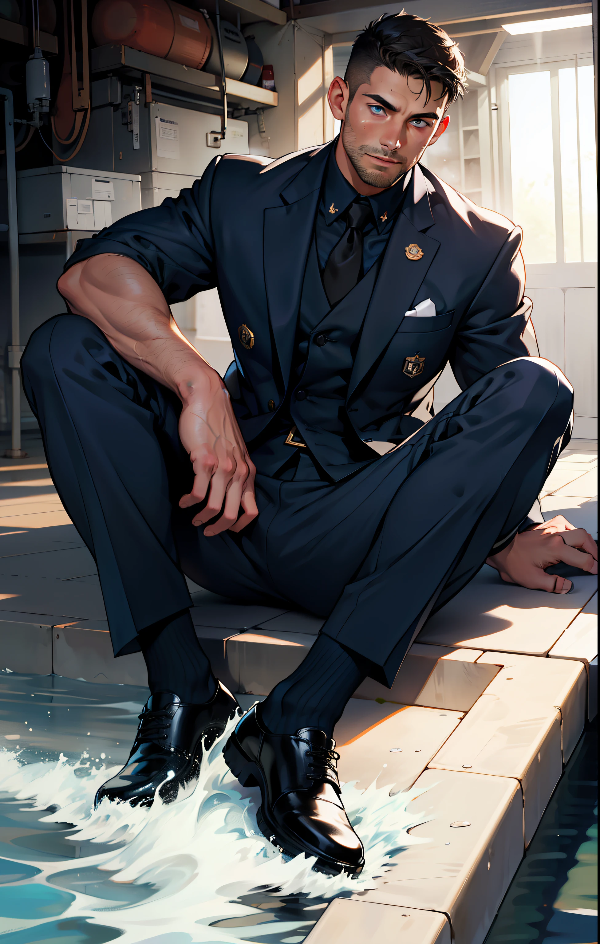 masterpiece, best quality, face, natural eyes, 1man, european, big feet, black socks, (no shoes), full body, (in suits), large bulge, long legs, looking at viewer, 30 years old, muscled and mature, sea, a navy soldier, navy army, short haircut, sitting with legs streched, blue eyes, flush, organism, face covered with white fluids, sweating, tight cloth, erecting