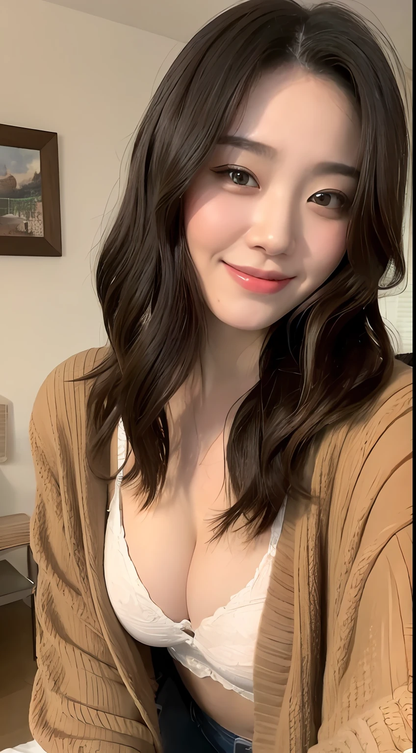 ((top-quality、8K、masterpiece:1.3))、1girl in、slightly chubby beauty:1.3、(Hairstyle Casual、tits out:1.2)、18year old、Pupils、Rough cardigan、Cute bra、Exposed chest、Poses that create cleavage、Emphasis on low milk、chubby face、Delicat eyes、二重まぶた、A smile、on the beds、seductiv
