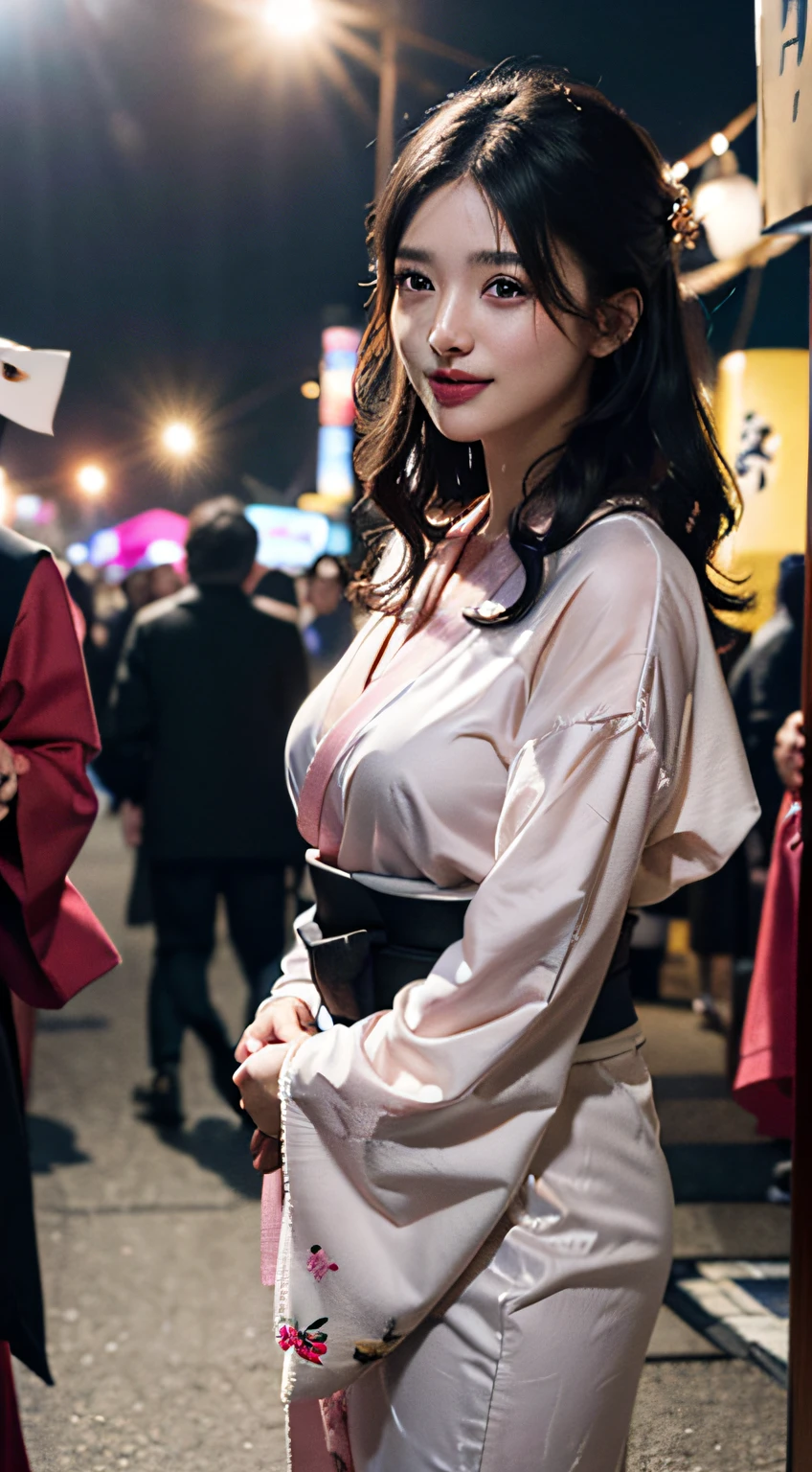 best qualtiy、masterpiece、photoRealstic、intricate-detail、Raw foto、Photon Rendering、Octane Rendering、absurderes、ultra-detailliert、A detailed face、Detailed skin、Trending in art stations、8K Masterpiece、lighting like a movie、( (1girl in))、((独奏) ))、CG Social Trends、Plastic En、((Black Long Hair))、((Beautuful Women))、(A smile)、Upper teeth、Fashionable、Hair that flutters in the wind、((Flowing hair))、fashion magazine、((A sexy))、((lighting like a movie)、((indirect lighting)、、(ssex)、Grinning、(View from a distance)、((Festival of Japan))、Pink kimono、