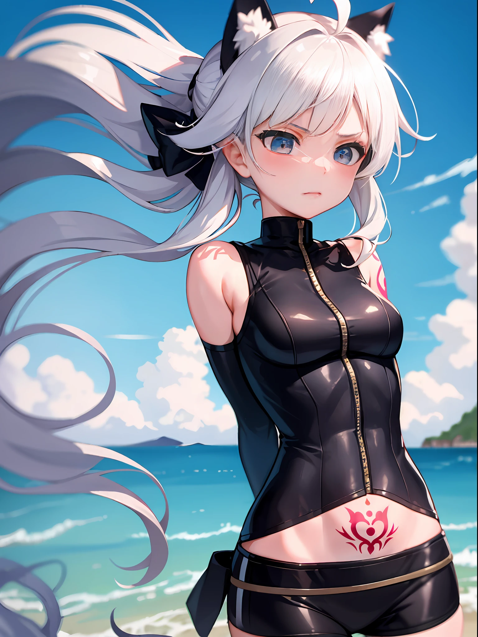 (((((kid))))), upper_body, view straight on, Personage as the main perspective, crossed_legs, tattoo, abs, Lightning surrounds men, mature,30 years old, very long hair, blue streaked hair, asymmetrical bangs, hair pulled back, twintails, hair flaps, white hair, hair blowing with the wind, huge ahoge, saintbeautiful detailed faces, gloom expression, looking_to_the_side, animal_ear_fluff, blood from mouth, armsbehind back, delicate hands, medium_breasts, blue skin, black_bow, flower with hair, masutepiece, acurate, Anatomically correct, Textured skin, Super Detail, high detailing, High quality, awardwinning, Highest Quality, High Definition, 1080p, hard disk, 4K, 8K, 16 K