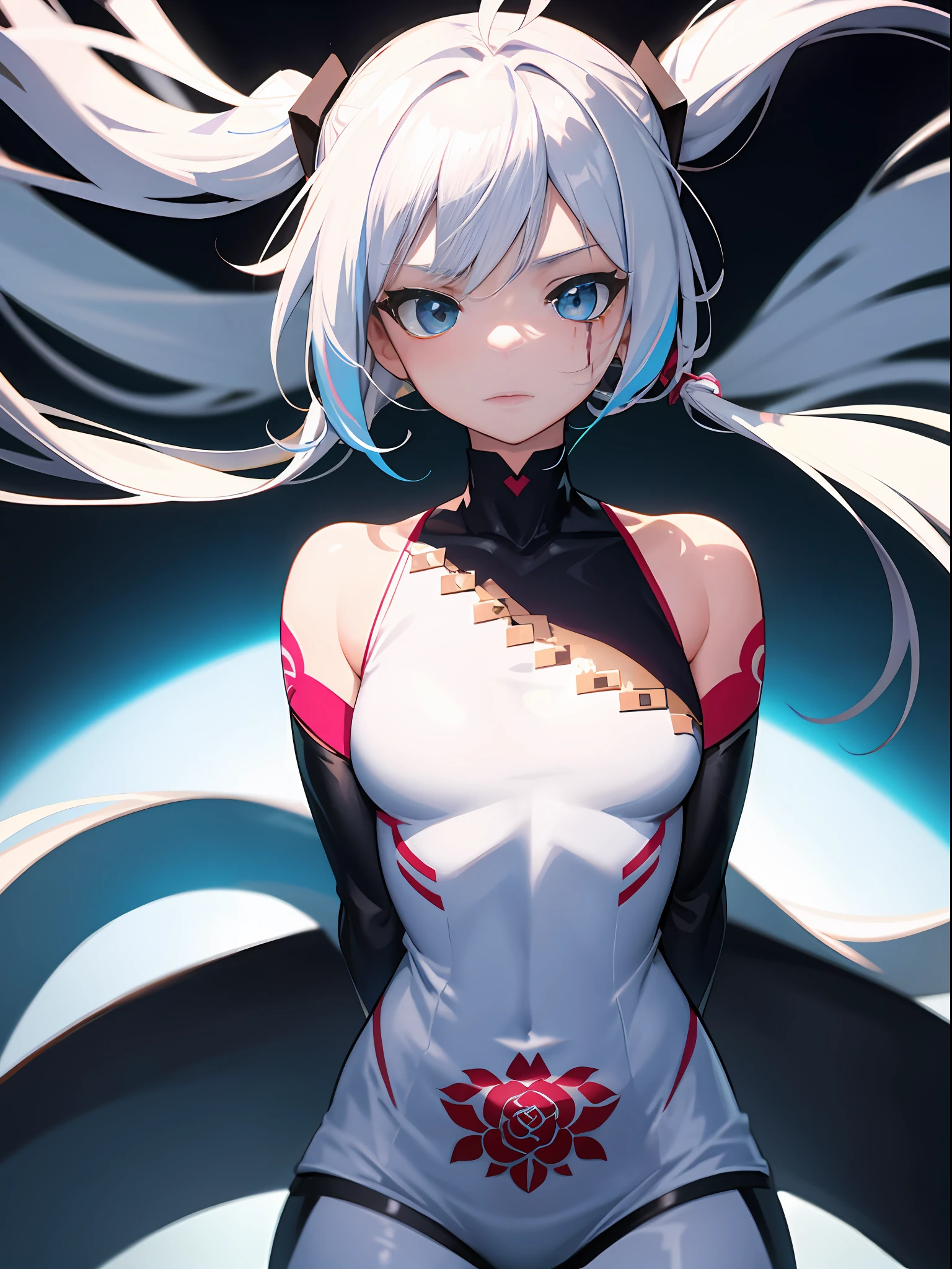 ((((())))), upper_body, view straight on, Personage as the main perspective, crossed_legs, tattoo, abs, Lightning surrounds men, mature,30 years old, very long hair, blue streaked hair, asymmetrical bangs, hair pulled back, twintails, hair flaps, white hair, hair blowing with the wind, huge ahoge, saintbeautiful detailed faces, gloom expression, looking_to_the_side, animal_ear_fluff, blood from mouth, armsbehind back, delicate hands, medium_breasts, blue skin, black_bow, flower with hair, masutepiece, acurate, Anatomically correct, Textured skin, Super Detail, high detailing, High quality, awardwinning, Highest Quality, High Definition, 1080p, hard disk, 4K, 8K, 16 K