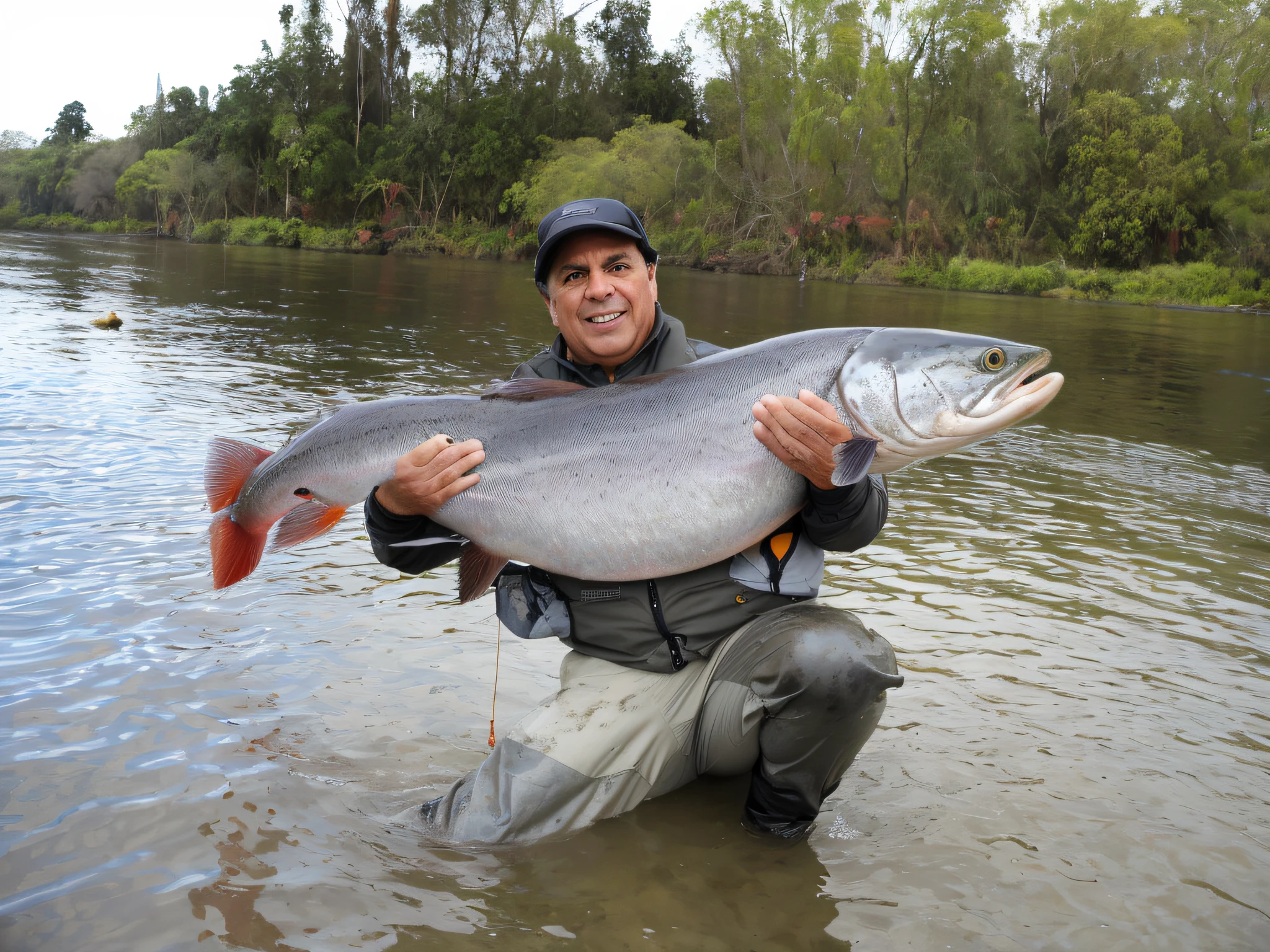 Homem arafed segurando um grande peixe em um rio, proudly holding a salmon, com uma boca muito grande, Directed by: Darrell Riche, Greg Rutkovsky, a foto mostra um grande, Greg Rutwoski, e ouellette, Greg Rutkwoski, Directed by: Scott M. Fischer, Retrato de um grande, Tim, grande)}], Scott Fischer