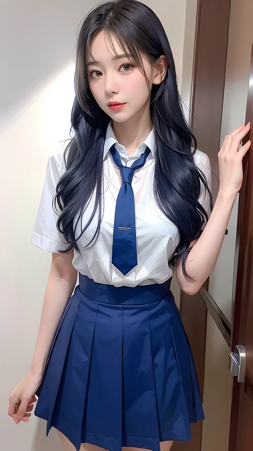 （best qualtiy，4K，tmasterpiece：1.2），Pretty women，1girll，Raised sexy：1.1，dark-blue hair：1.1，Woman in school uniform，Soaked school clothes，Super detailed face，Detailed lips，A detailed eye，二重まぶた，Blue mini skirt white stockings，Stand up