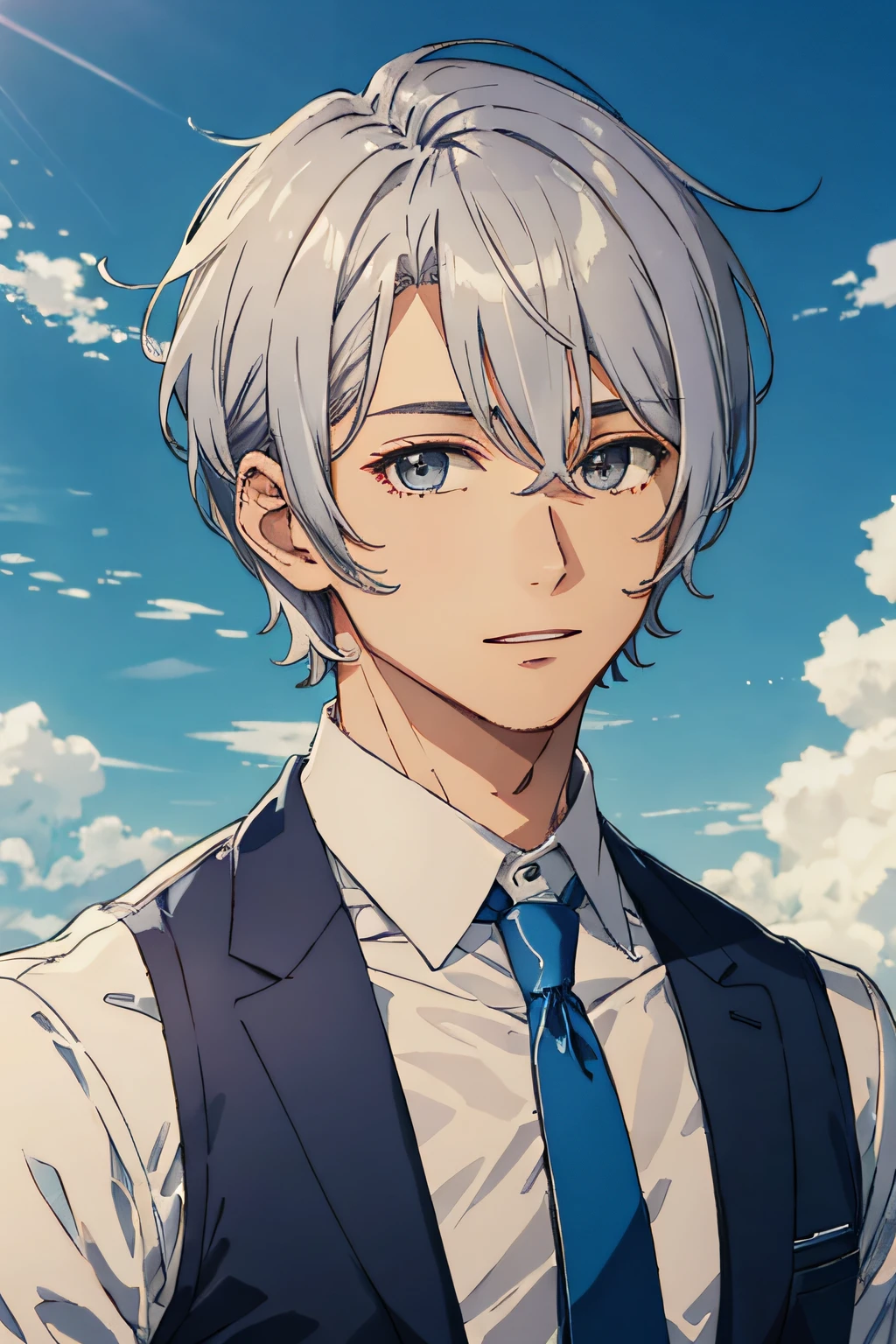 A man，Silver short bob hair，on the sky，Throw money