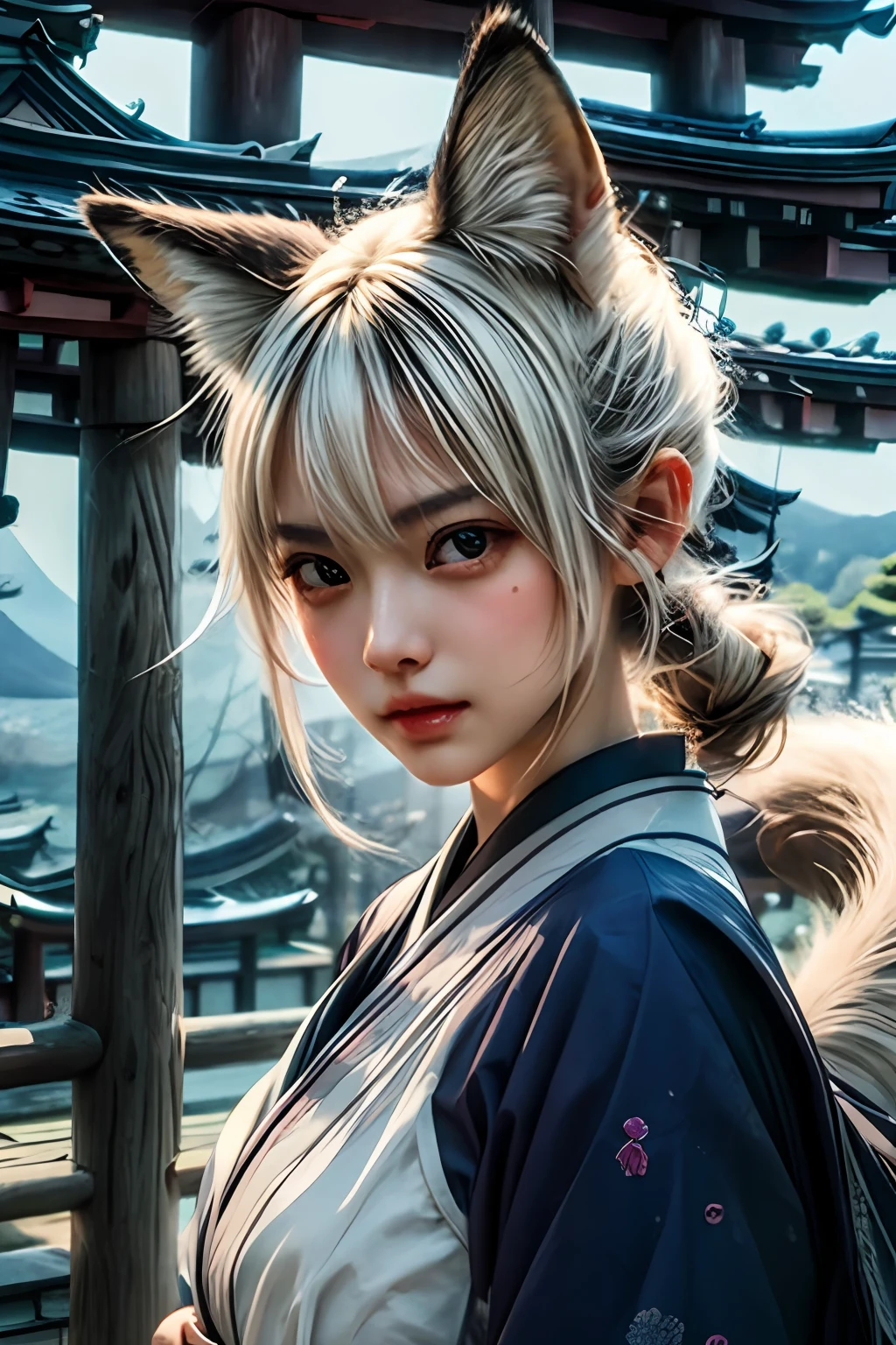 jpn、kyoto、Temples、Komono、White beauty、top-quality、​masterpiece、hight resolution、Super beautiful face、Super beautiful eyes、Super beautiful hair、Fox face use、Demon Fox