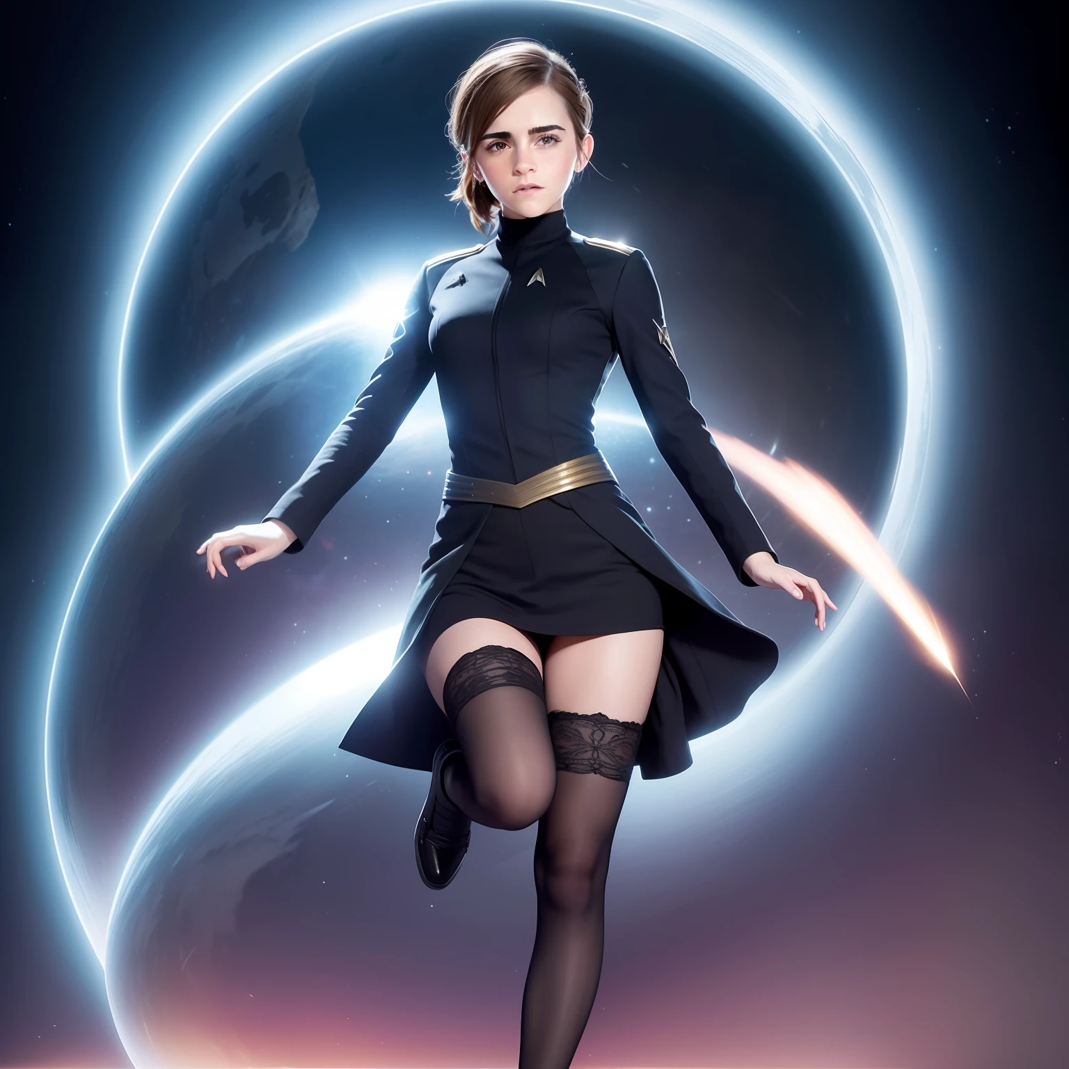 Emma Watson, Star Trek, Mittlerer Schuss, Meisterwerk, ultra-detailliert, ultra realistisch, full entire body, (((Foto, 8K))), ultra enge Uniform