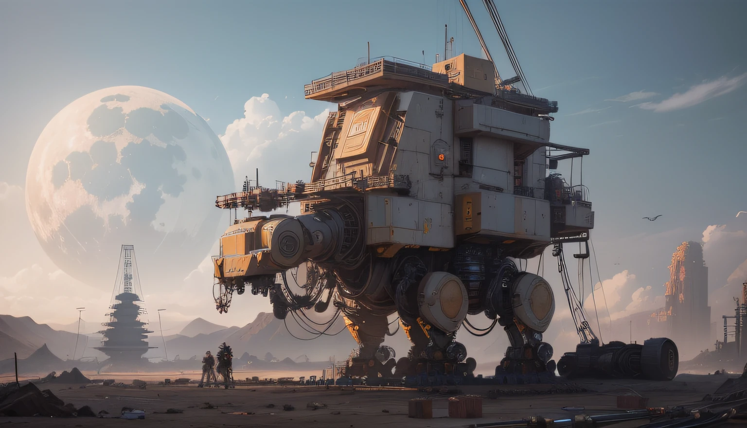 mechbay, scaffolding, hangar, gantry, hoses, wiring, repair crew, welding,Huge robots,mechanicalparts,((hyper realistic detailed))globalillumination,shadowing,rendering by octane,8k,Waste soil style,复杂,Decorations detailed,cool colours,egypician detail,highly intricate detail,Mechanical limbs,Connect to the tube,A mechanical vertebrae attached to the back,,Wires and cables connected to the legs,wojtek fus, Reference author:ruanjia, lan mcque, Inspired by Ian Mack, Simon Starlenhaag Highly detailed, author:Ian McQue, author:feng zhu, sergey kolesov concept art, Simon Starlenhaag color scheme, by Raymond Han, author:Jeremy Chang,Huge robot 10%Like a camel,90%sci-fy,There are a lot of sci-fi parts on it,The four mechanical legs are on the ground,Thick legs,