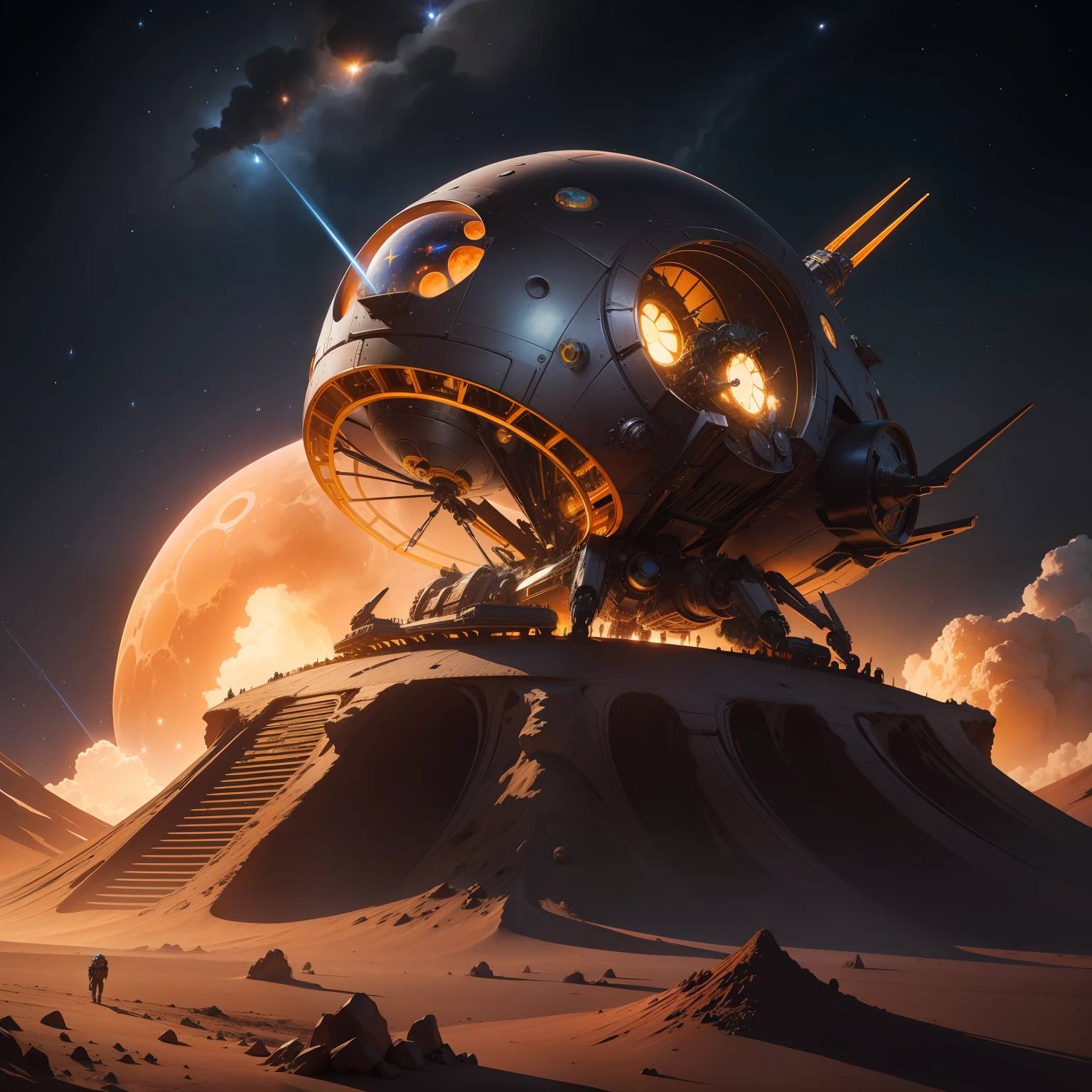 Huge shiny mechanical beetle like space ship landing on a volcanic moon during starry night, bursting with flame and dust, highly detailed, inspired by Hajime Sorayama art