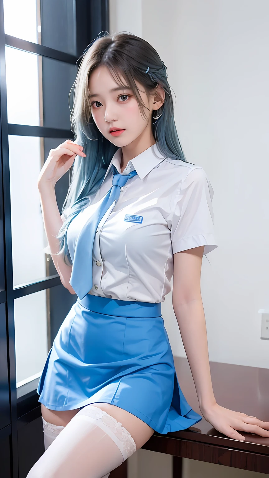 (best qualtiy,4K,tmasterpiece:1.2),Pretty women,1girll,Raised sexy:1.1,lightblue hair:1.1,Woman in school uniform,Soaked school clothes,Super detailed face,Detailed lips,A detailed eye,二重まぶた,Blue mini skirt white stockings,Stand up