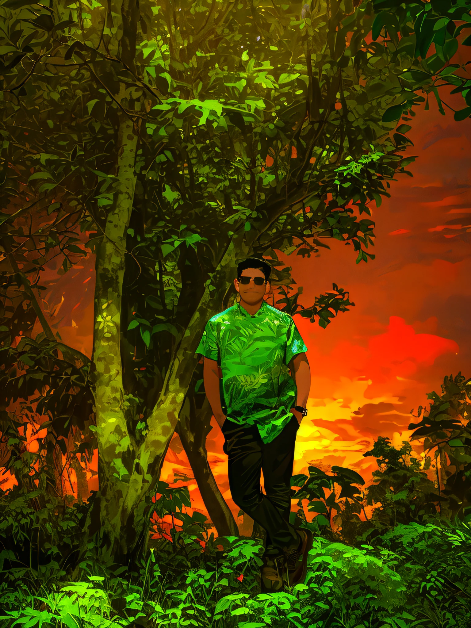 arafed man standing next to a tree on a hill, in jungle forest peak, in jungle forest, in front of a forest background, in forest jungle, amidst nature, looking majestic in forest, jungles in the background, in jungle forest !!!, in front of an amazing forest, in jungle, with a tall tree, in a tropical forest