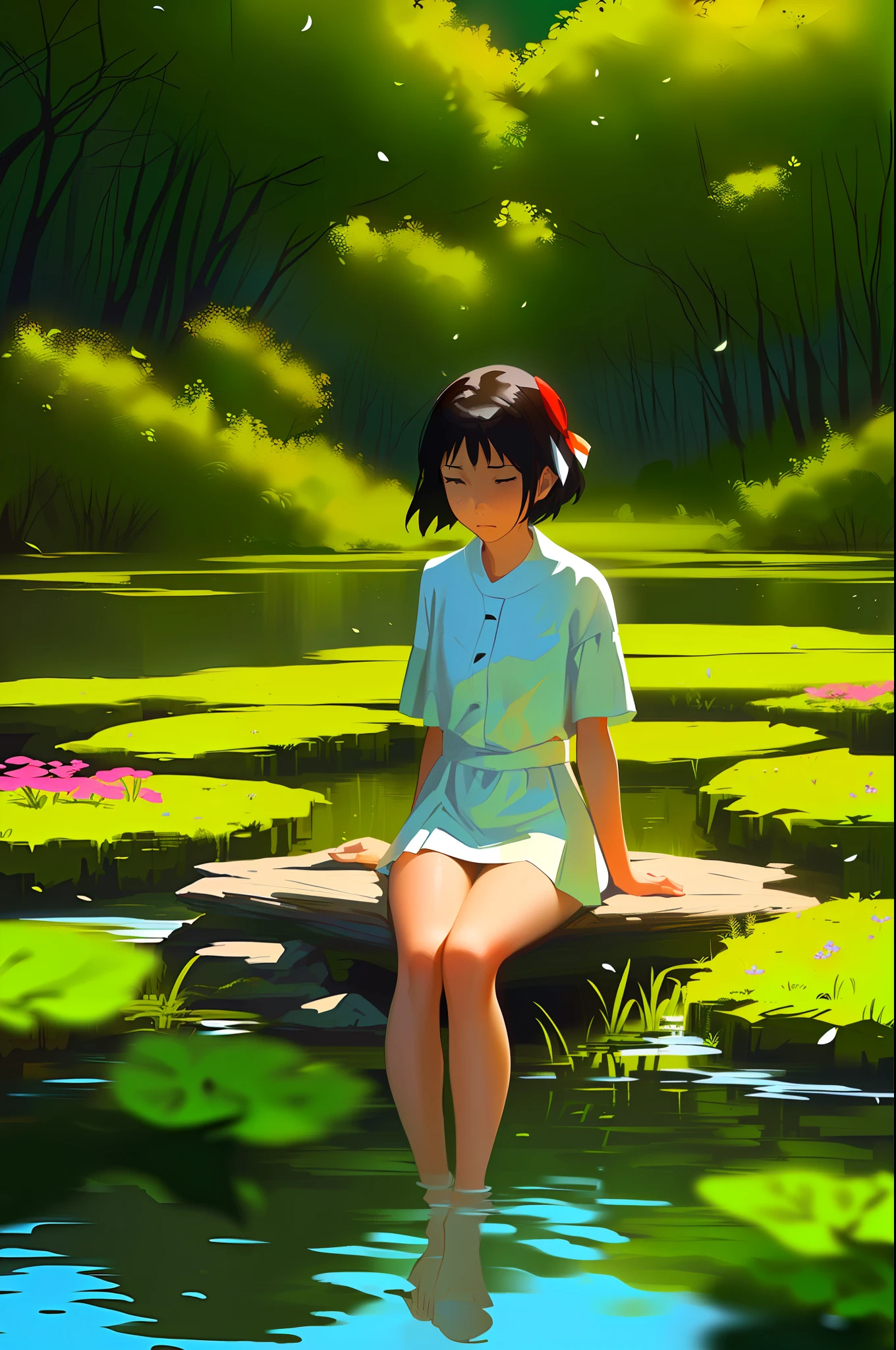 A woman dressed in a white swimsuit sitting on a leaf in a lake surrounded by trees and flowers, arte conceitual relaxante, por Li Song, por Yang J, a beautiful artwork illustration, serene illustration, natureza anime, anime exuberante john 8k madeiras, por Goro Fujita, Directed by: Atey Ghailan, natureza anime wallpap, arte de fundo, Atey Ghailan 8 K, Arte Lofi --auto