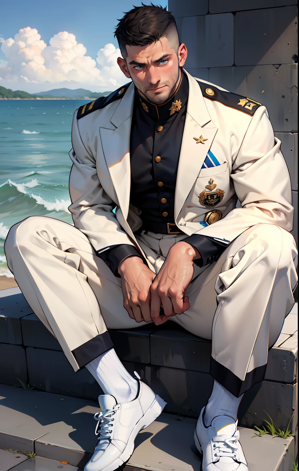 masterpiece, best quality, face, natural eyes, 1man, european, big feet, black socks, full body, (in suits), large bulge, long legs, looking at viewer, 30 years old, muscled and mature, sea, a navy soldier, white navy army uniform, navy army, short haircut, sitting with legs streched, blue eyes, flush, organism, face covered with white fluids, sweating, tight cloth, erecting